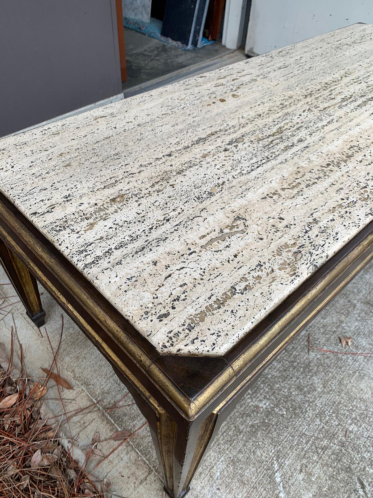 Max Kuehne Style Continental Gilt & Black Coffee Table, Inset Coquina Stone Top For Sale 2