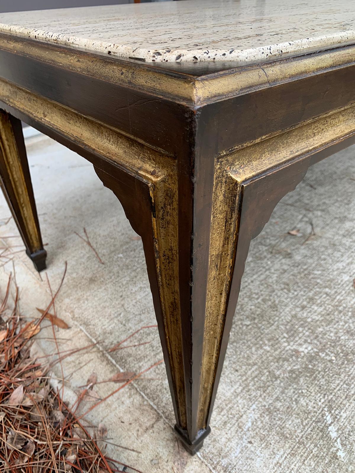 Max Kuehne Style Continental Gilt & Black Coffee Table, Inset Coquina Stone Top For Sale 3