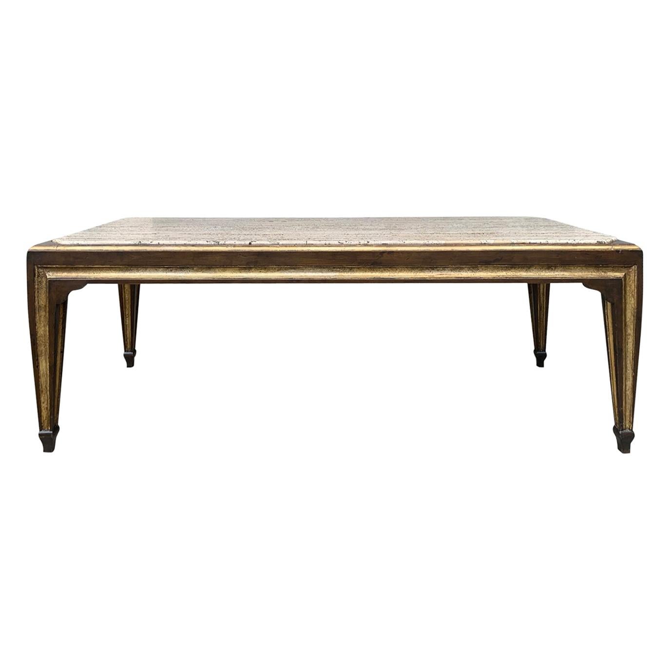 Max Kuehne Style Continental Gilt & Black Coffee Table, Inset Coquina Stone Top For Sale
