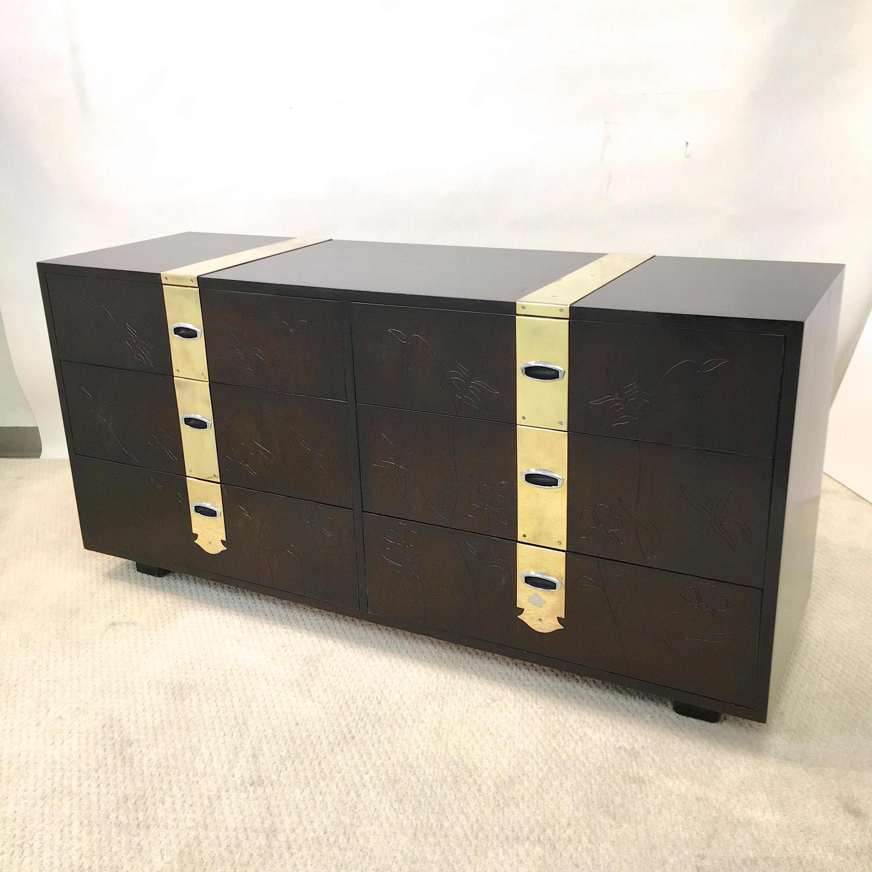 Max Kuehne Style Floral Incised Tall Chest of Drawers with Brass Strapping For Sale 3