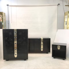 Max Kuehne Style Floral Incised Tall Chest of Drawers with Brass Strapping