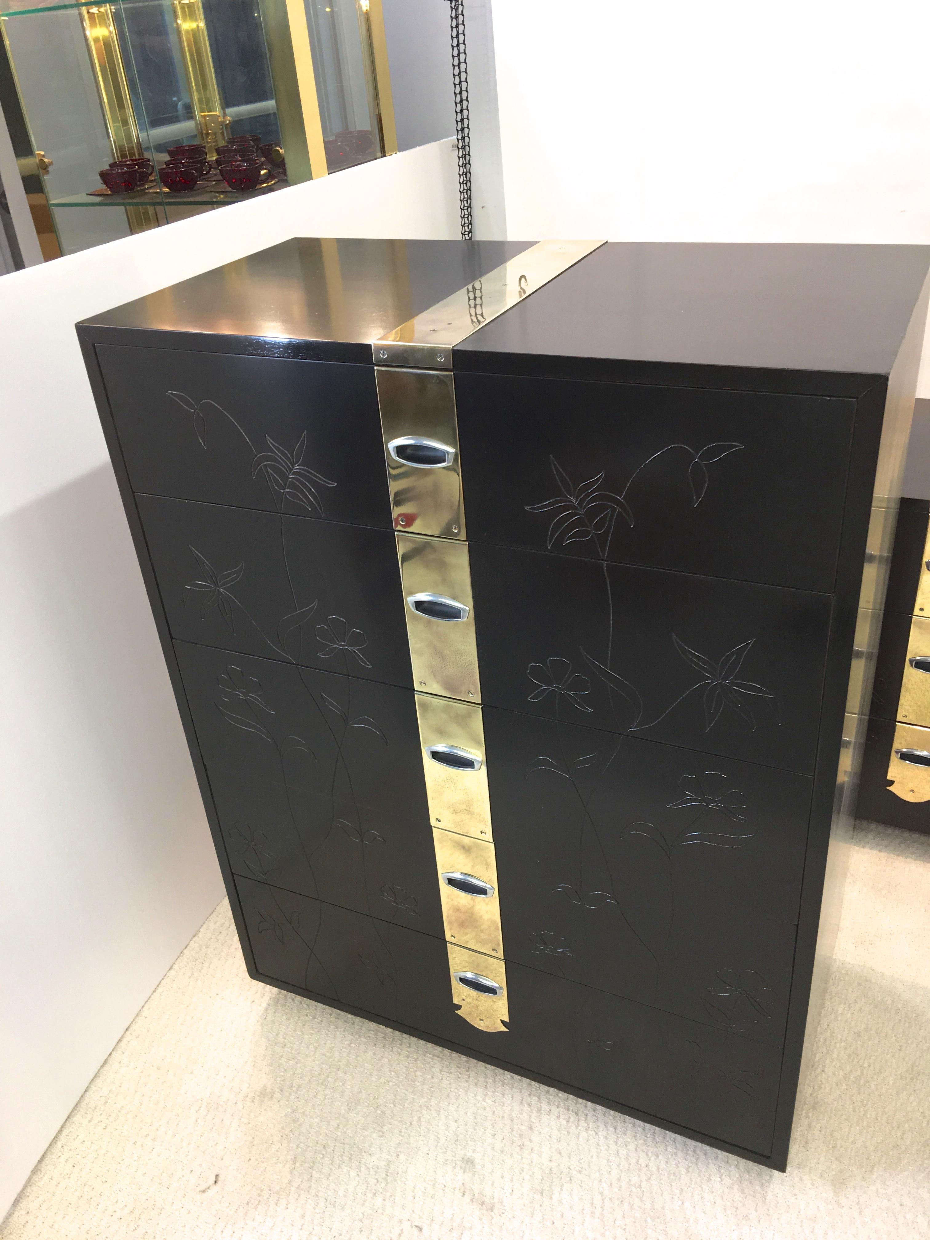 American Max Kuehne Style Floral Incised Tall Chest of Drawers with Brass Strapping For Sale