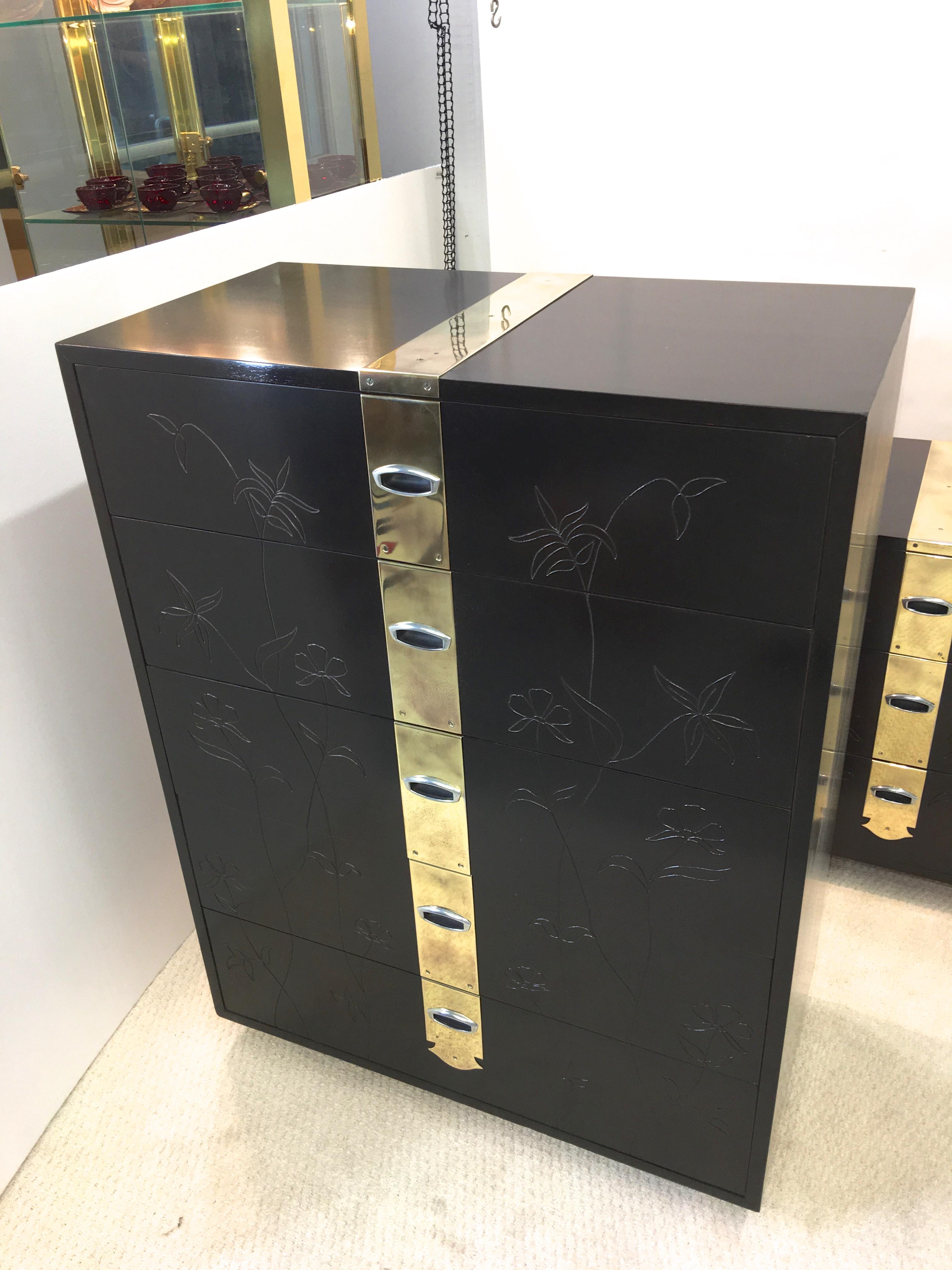 Max Kuehne Style Floral Incised Tall Chest of Drawers with Brass Strapping In Good Condition For Sale In Hanover, MA