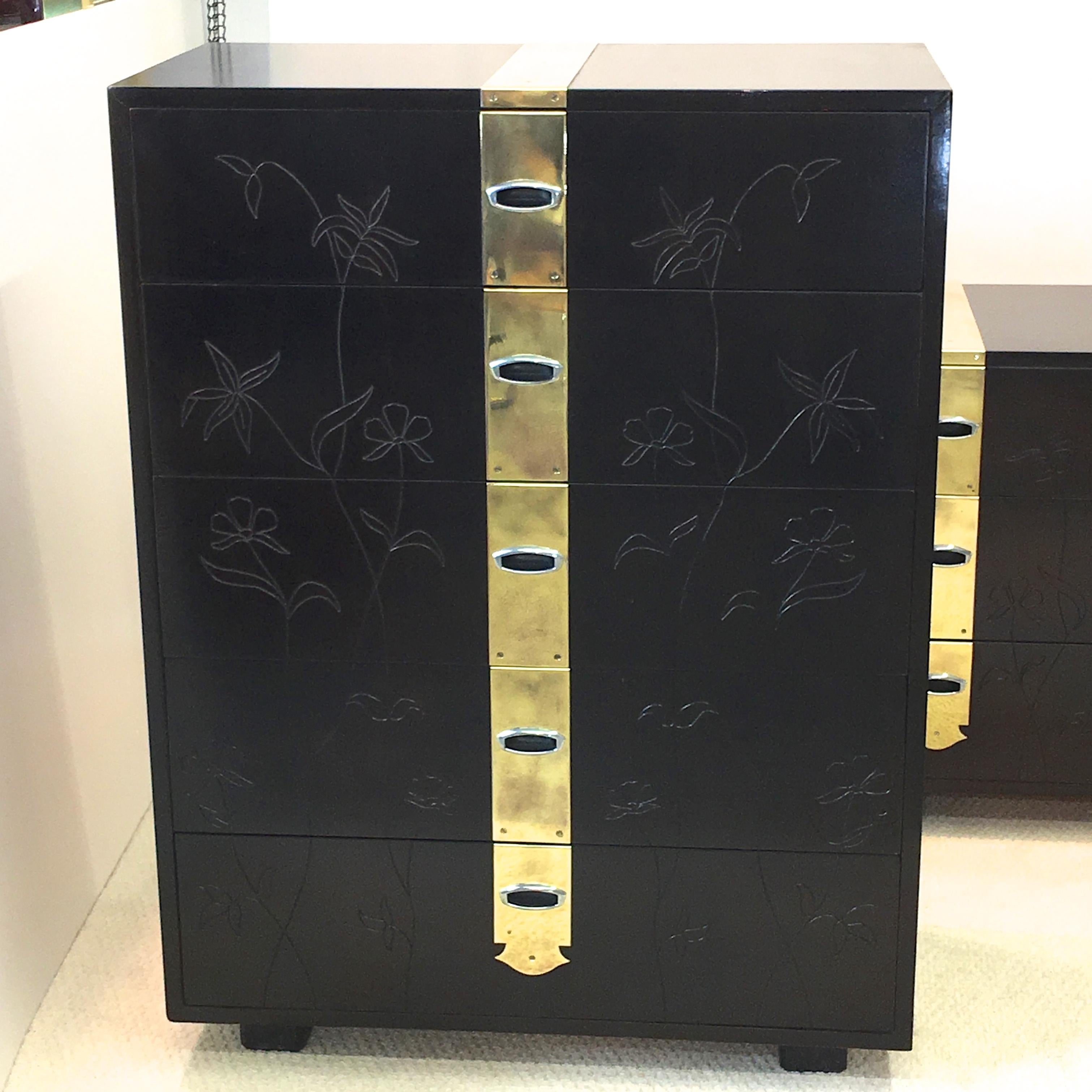 Max Kuehne Style Floral Incised Tall Chest of Drawers with Brass Strapping For Sale 1