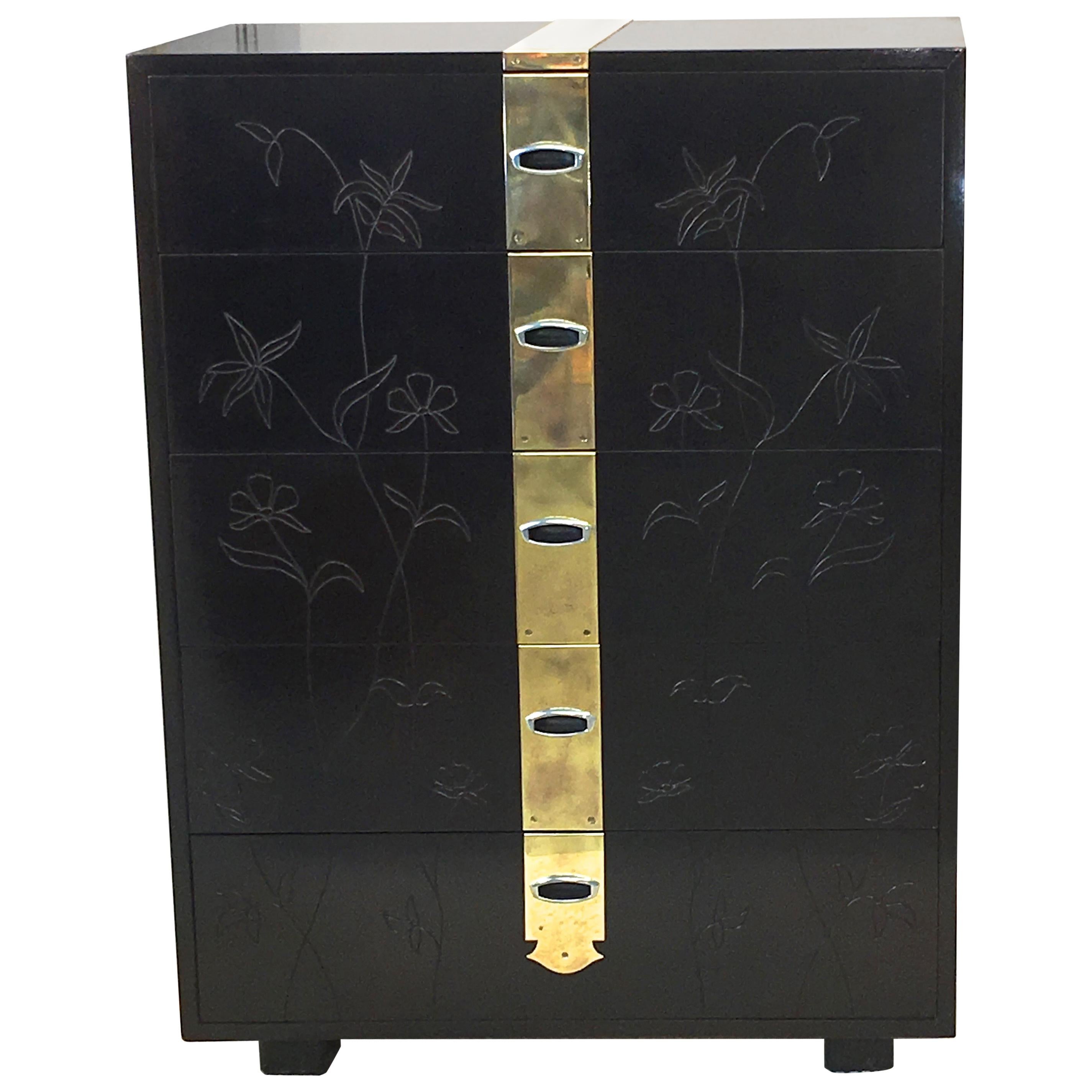 Max Kuehne Style Floral Incised Tall Chest of Drawers with Brass Strapping For Sale