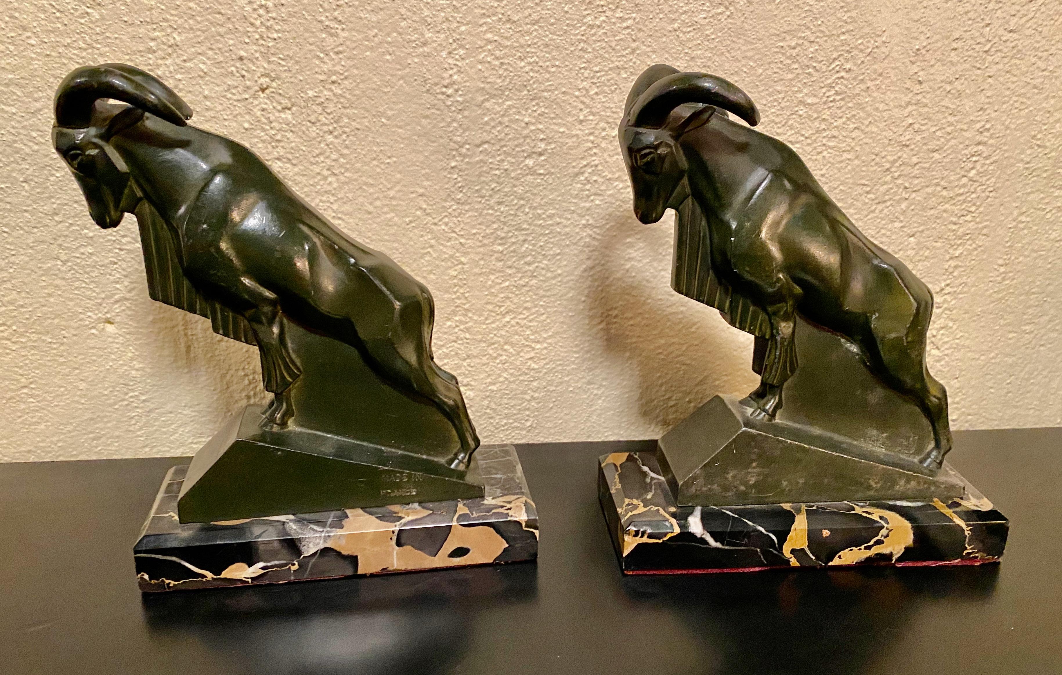 Art Deco Max Le Verrier 1930s French Mountain Ram Goat Sculpture Bookends