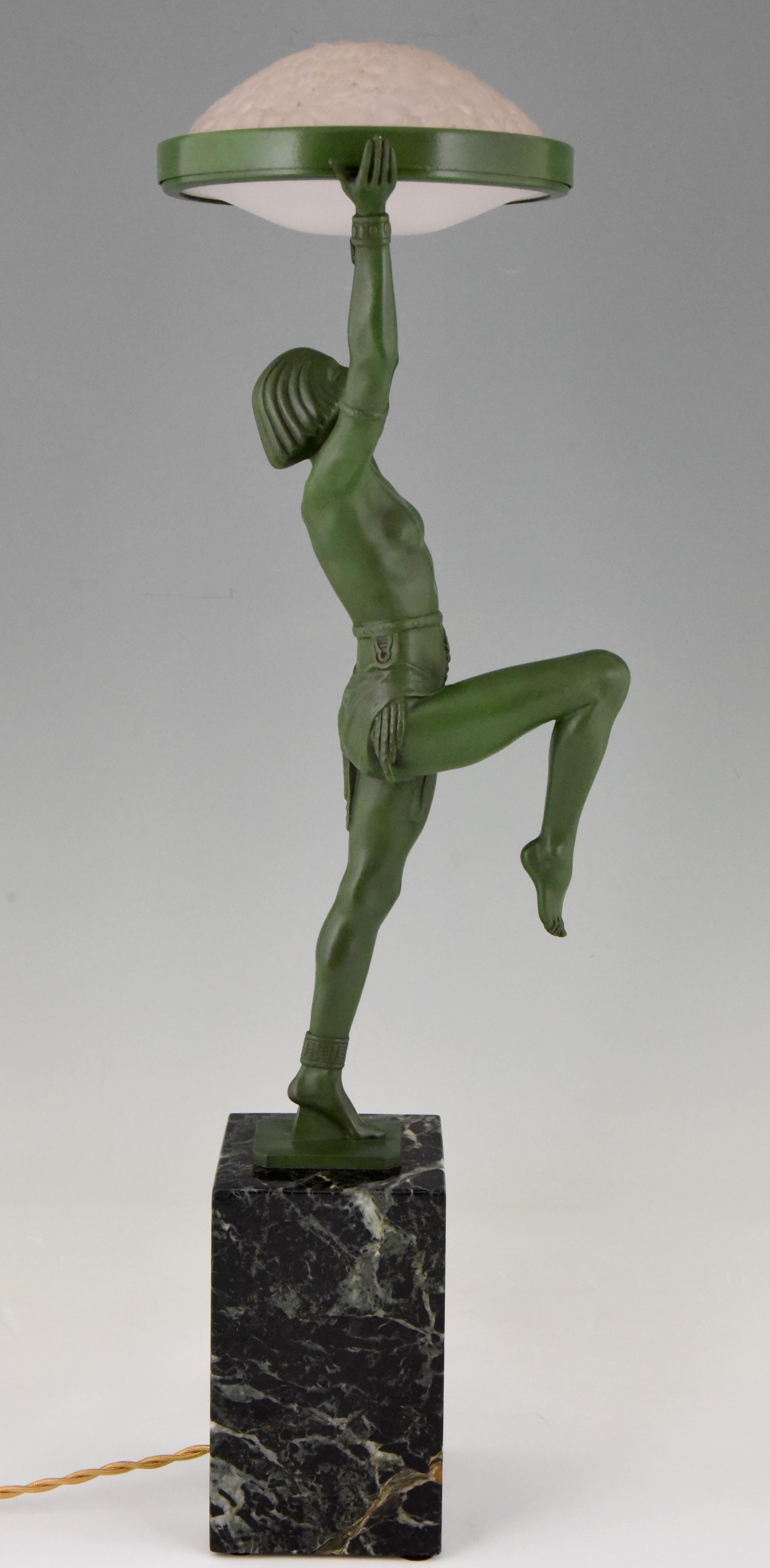French Max Le Verrier Art Deco Bronze Lamp Female Dancer Holding a Glass Shade, 1930