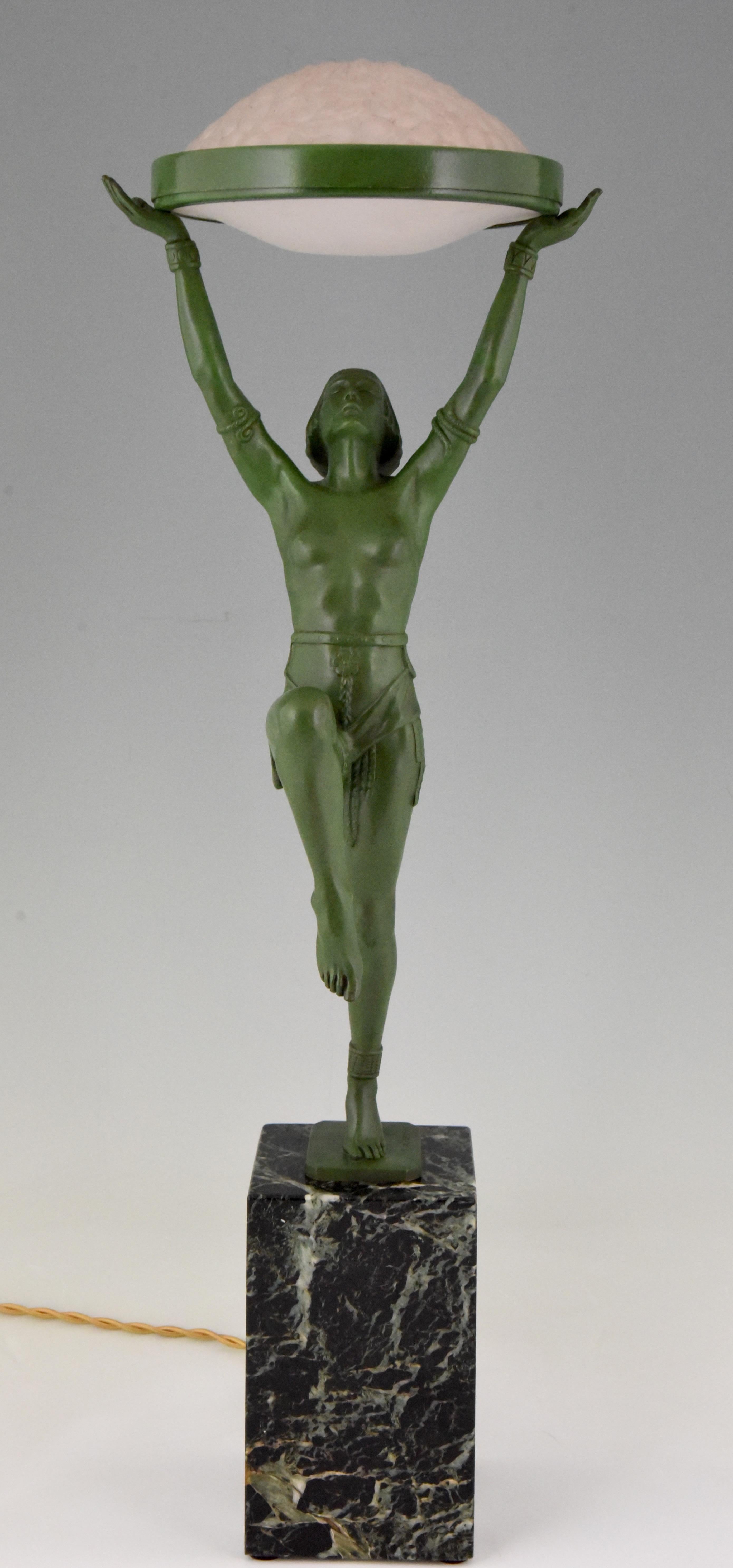 Patinated Max Le Verrier Art Deco Bronze Lamp Female Dancer Holding a Glass Shade, 1930