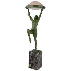 Retro Max Le Verrier Art Deco Bronze Lamp Female Dancer Holding a Glass Shade, 1930
