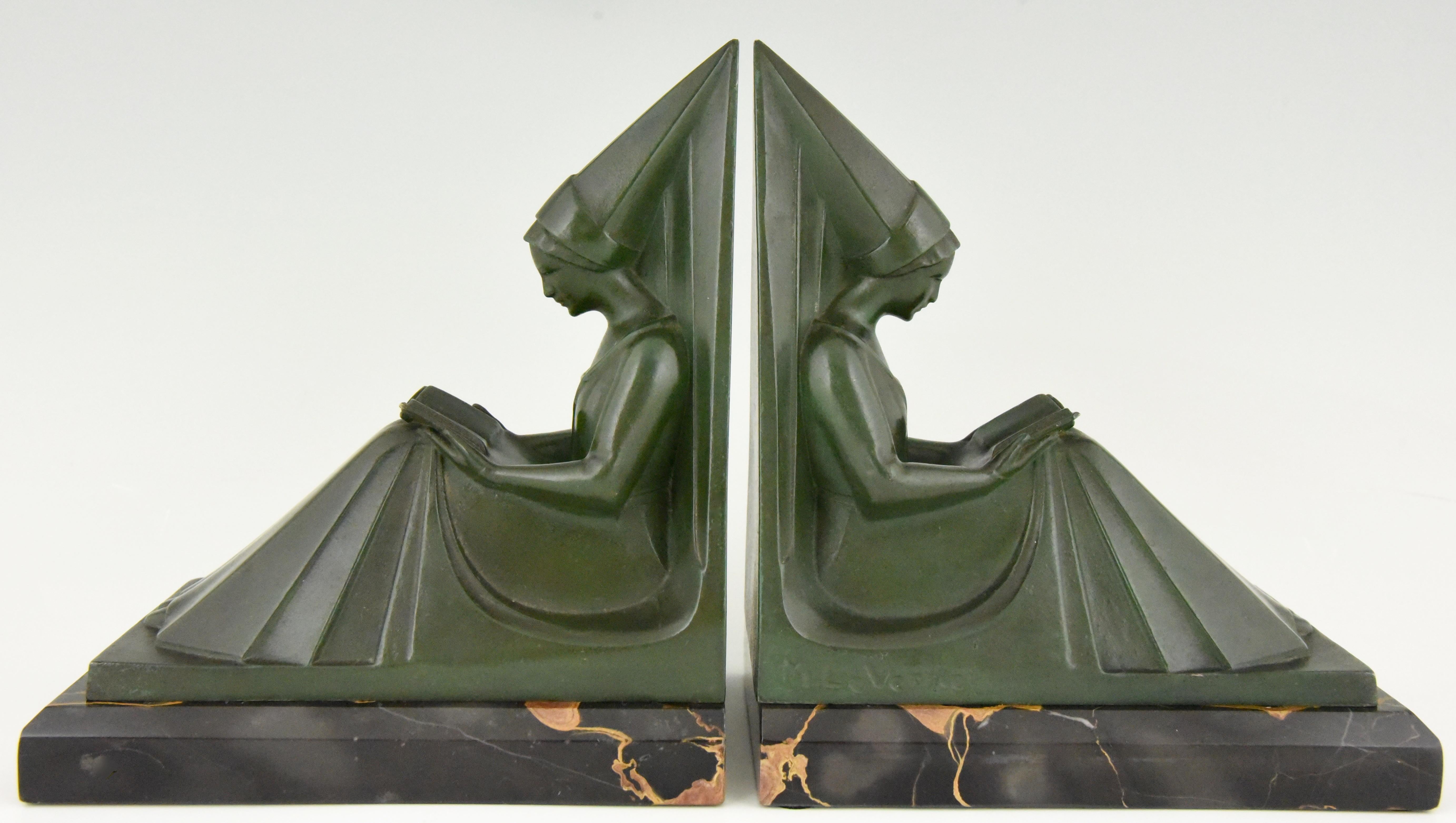 Max Le Verrier Art Deco Figural Bookends Reading Medieval Ladies, 1925 5