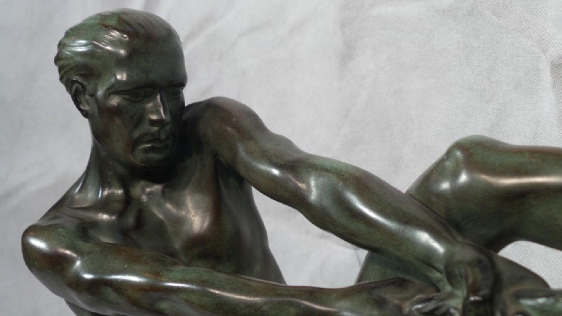 Max Le Verrier Art Deco Male Sculpture the Struggle Signed circa 1930 Bronzed 1