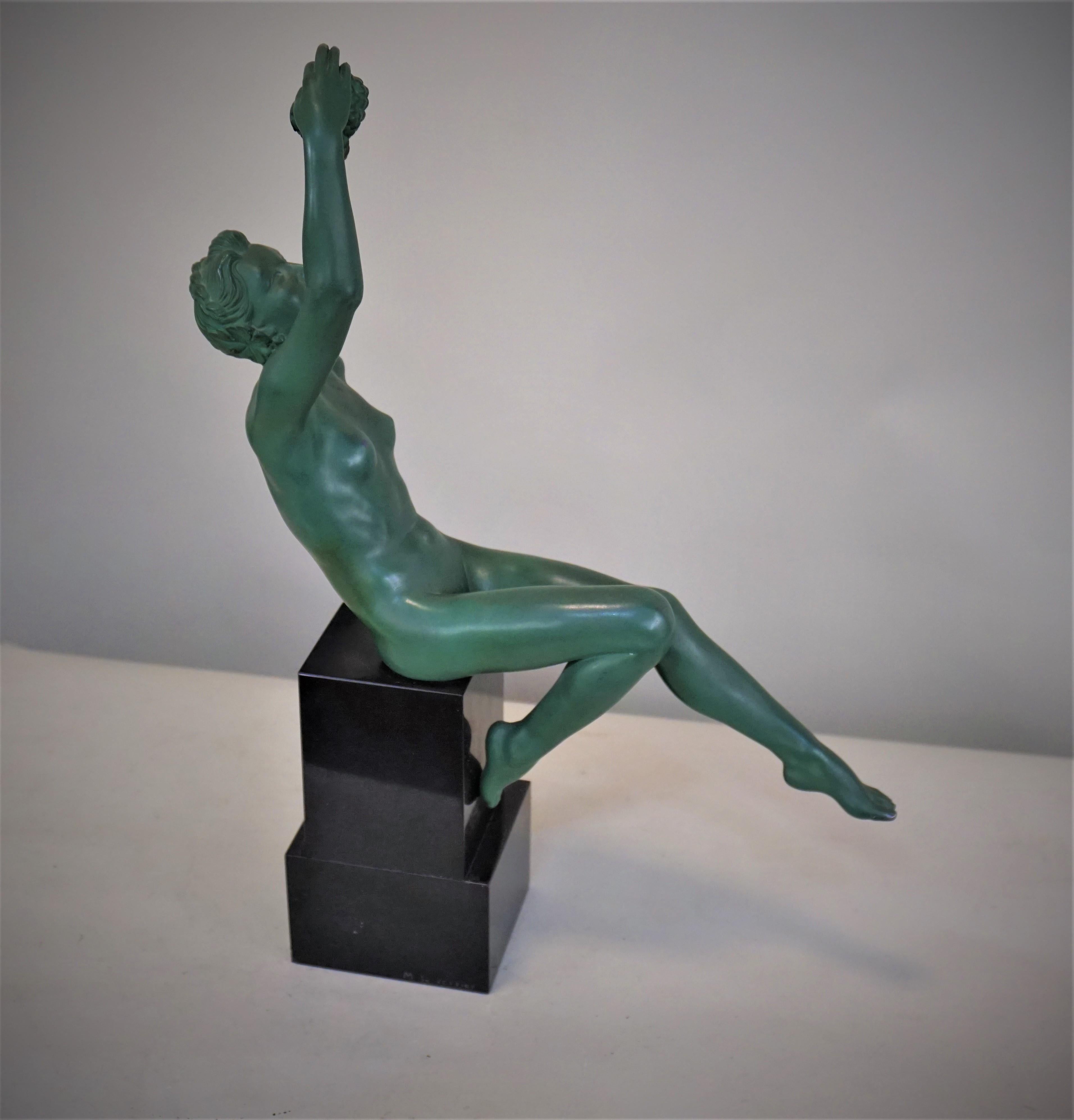 Early 20th Century Max Le Verrier Art Deco Nude Sculpture with Grape