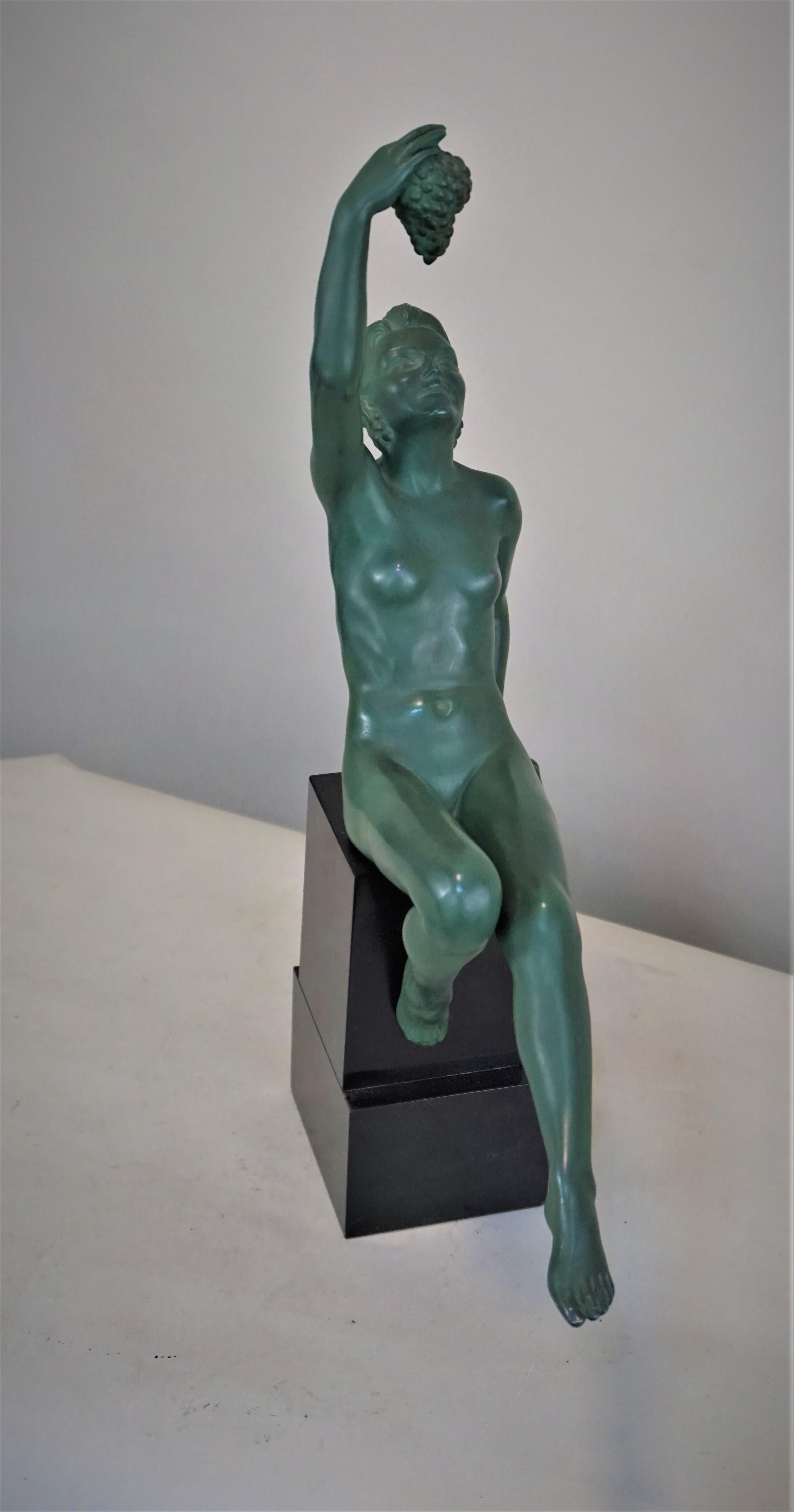 Spelter Max Le Verrier Art Deco Nude Sculpture with Grape
