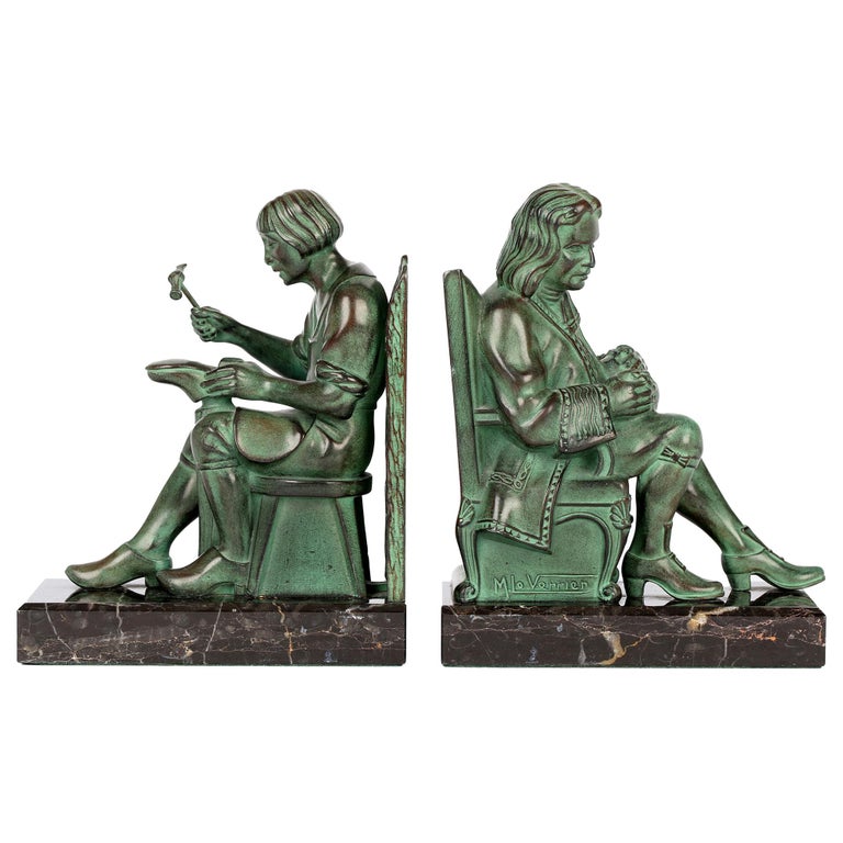Max Le Verrier Art Deco The Cobbler And The Financier Patinated Bronze Bookends For Sale