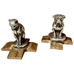 Vintage Max Le Verrier Bookends Statues of Dog and Cat French Art Deco