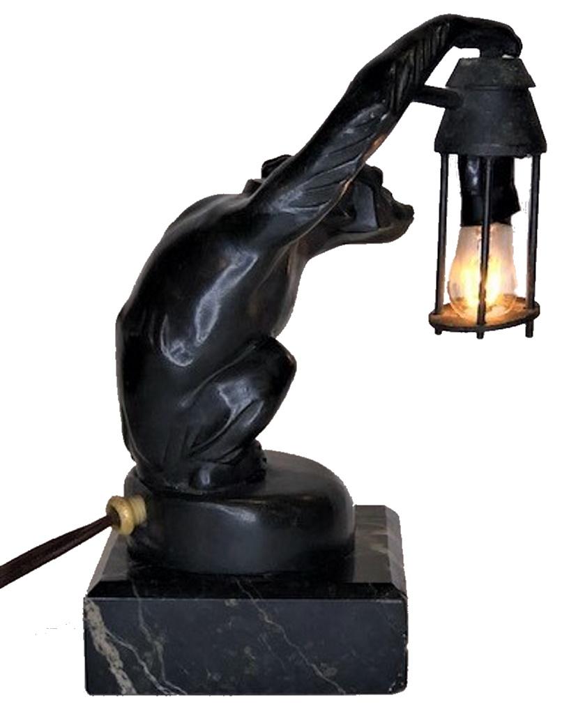 Early 20th Century Max Le Verrier, ‘Boubou’, French Art Deco Patinated Bronze Desk Lamp, Ca. 1920 For Sale