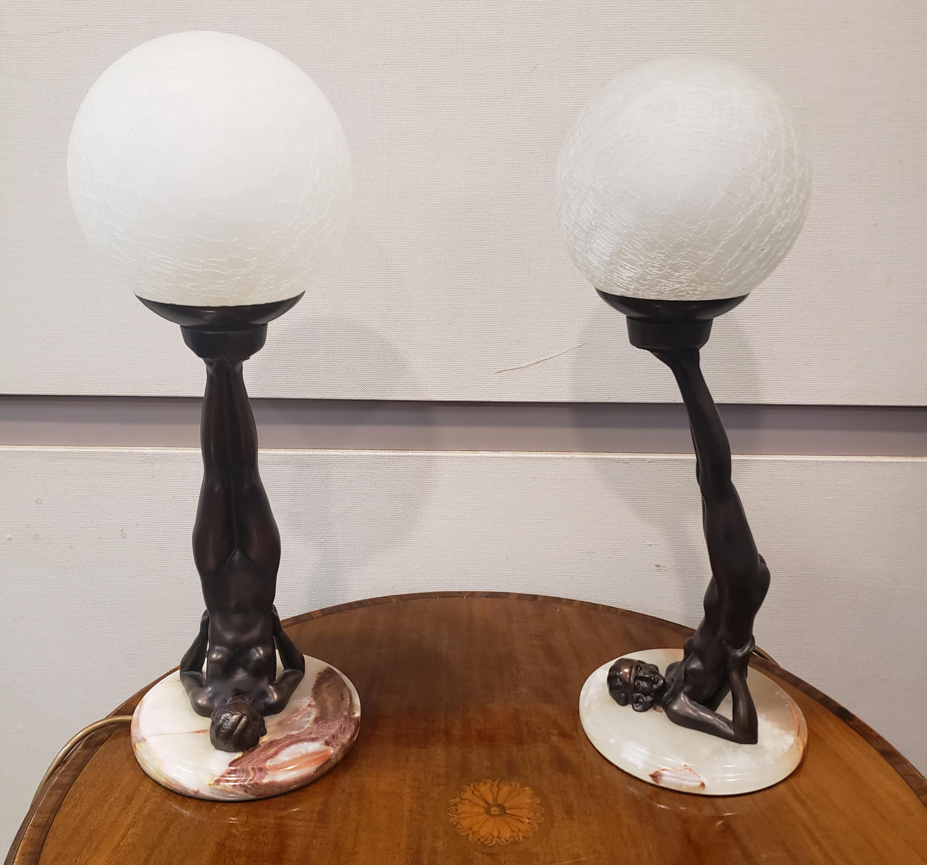 Art Deco Table Lamps with Globe. Rare Reversed Nude. Excellent vintage condition