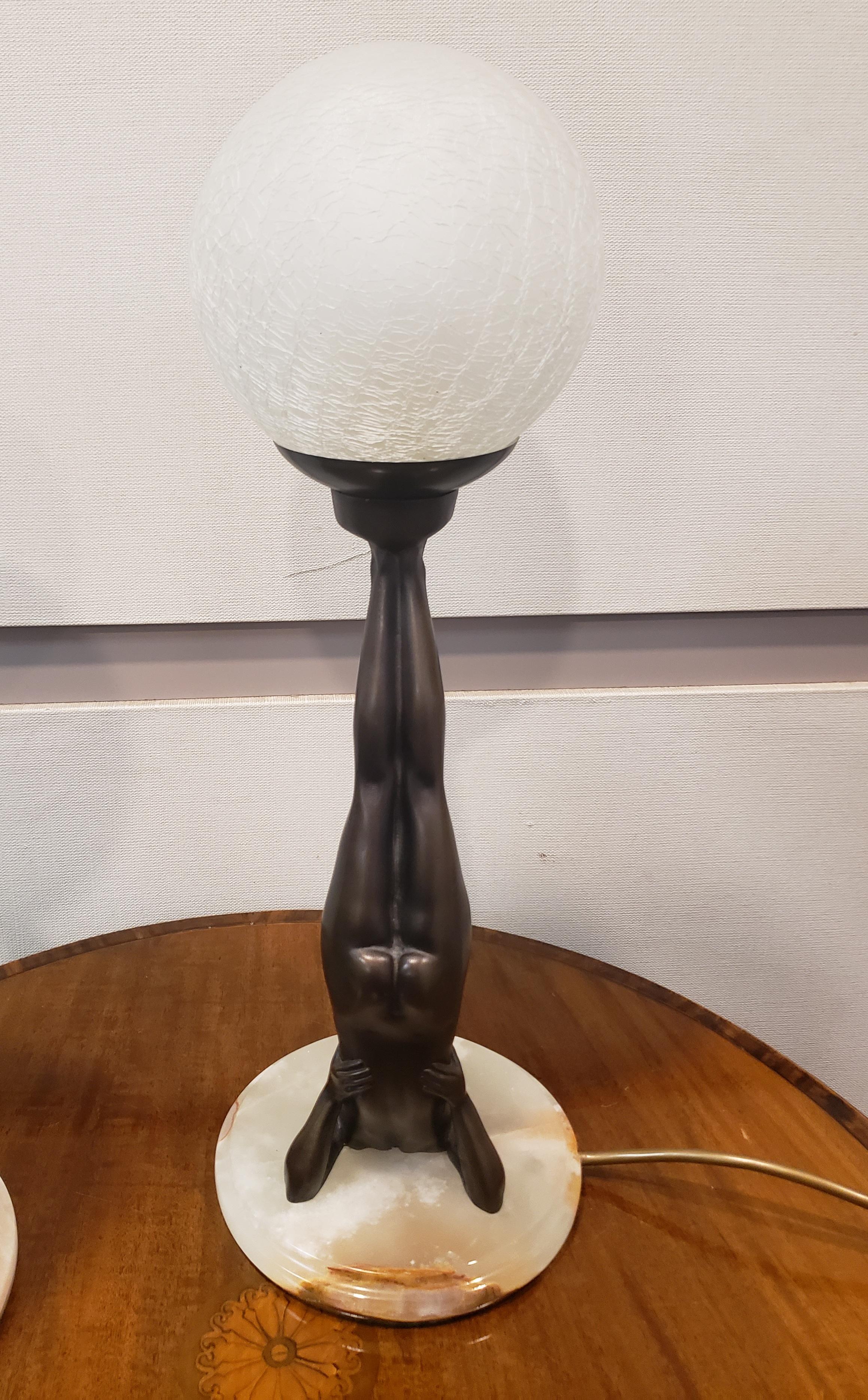 20th Century Art Deco Table Lamps Reversed Nude with Globe, Pair For Sale