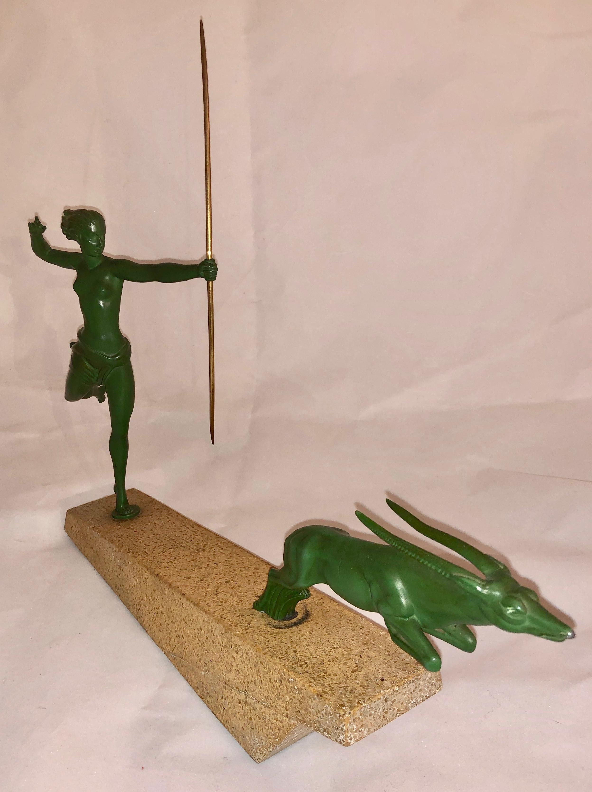 Art Deco Diana Huntress and Leaping Antelope by Le Verrier and Demarco Base For Sale 1