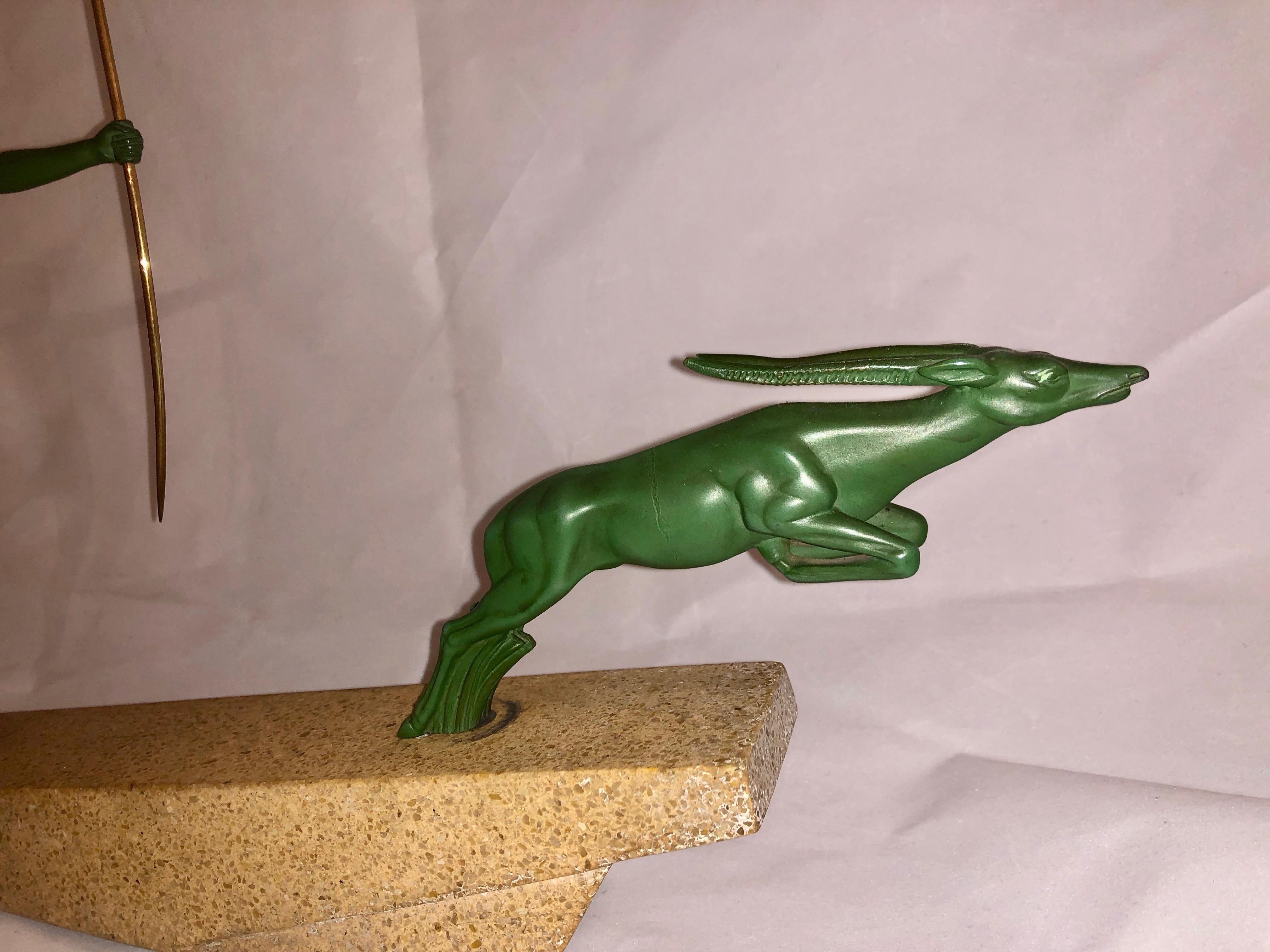 Art Deco Diana Huntress and Leaping Antelope by Le Verrier and Demarco Base For Sale 2