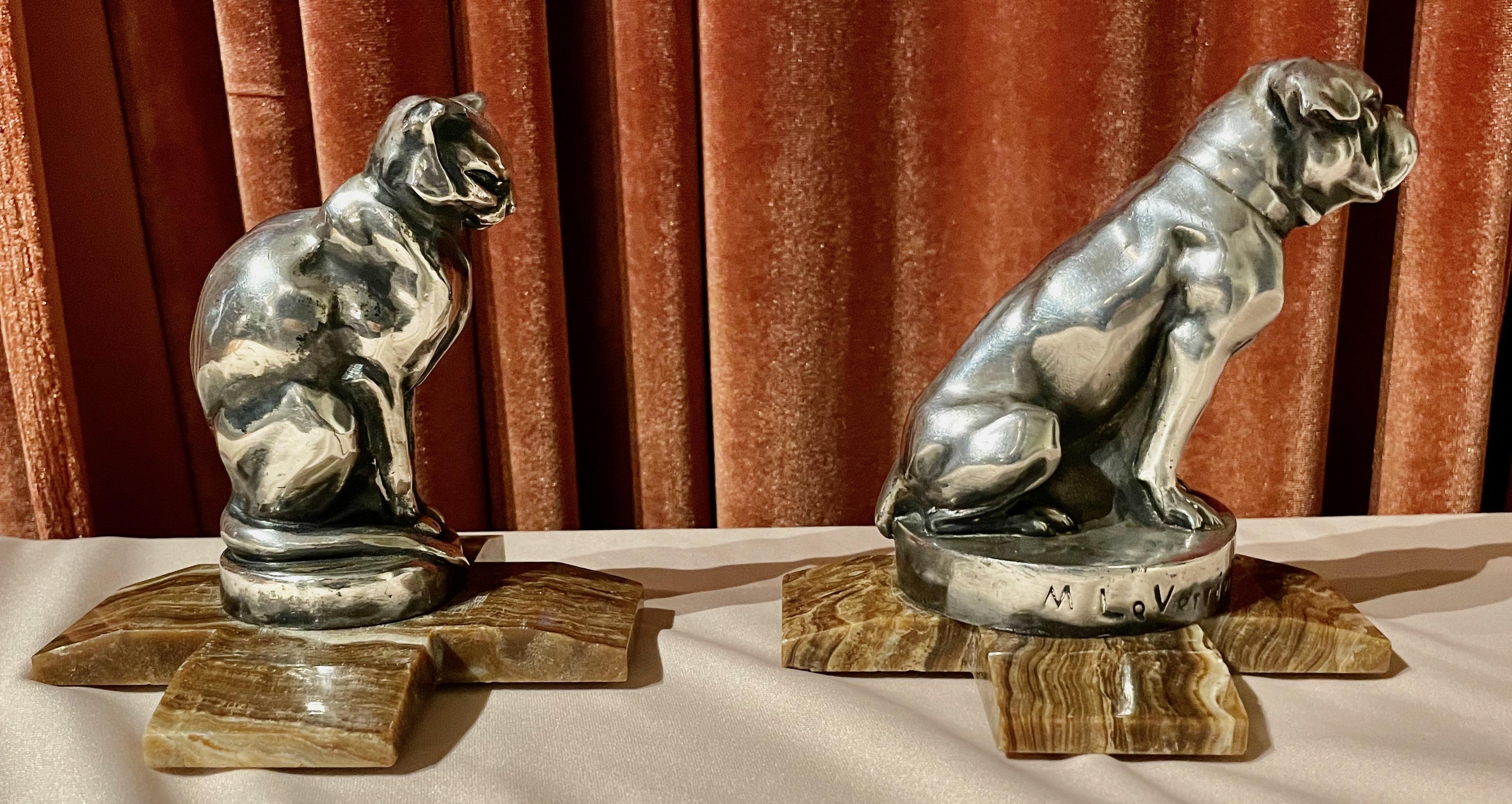 Max Le Verrier Bookends Statues of Dog and Cat French Art Deco For Sale 2