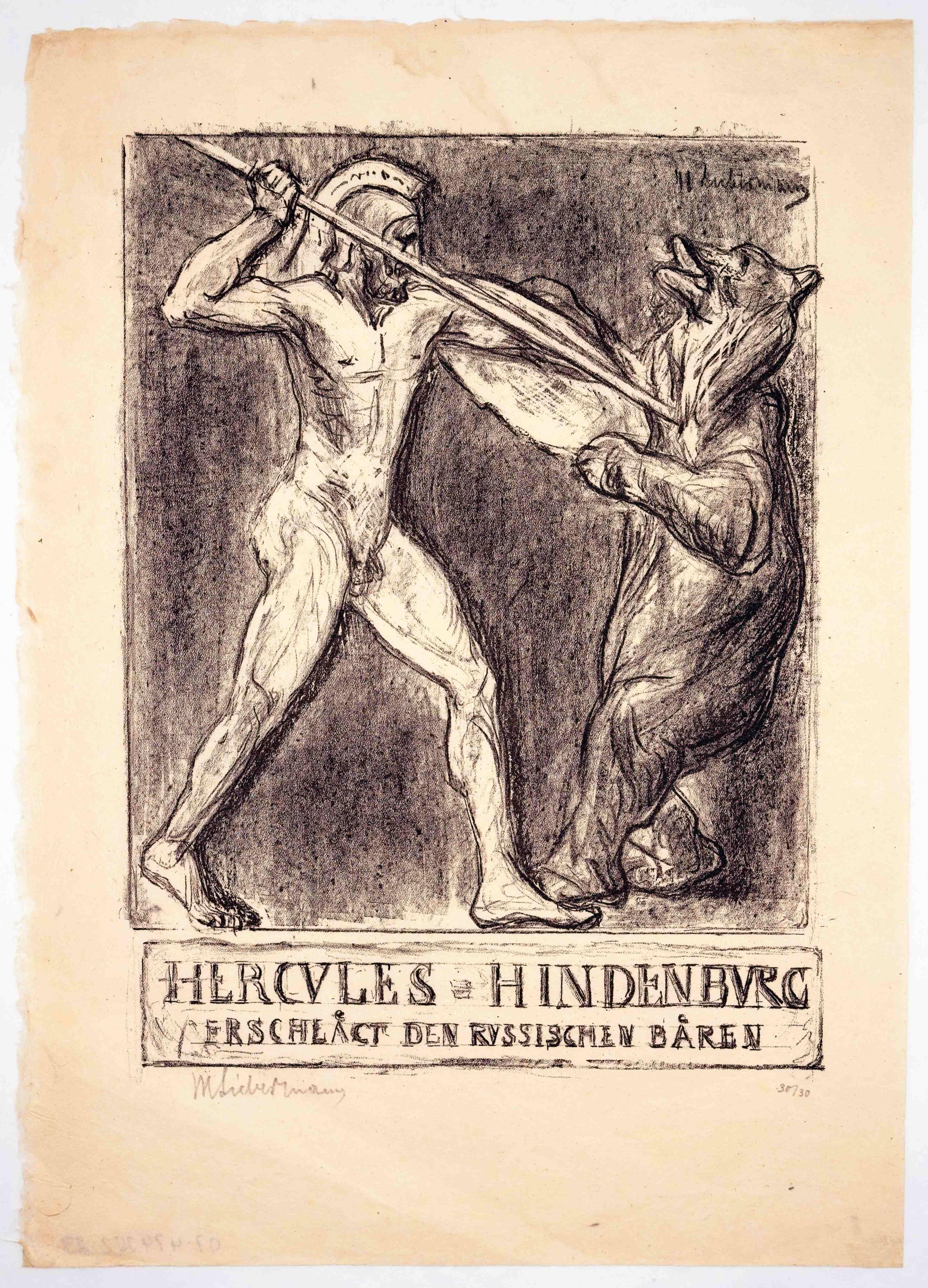 Hercules - Hindenburg uccide l'orso russo / - Impressionismo classico - - Figurative Print Beige di Max Liebermann