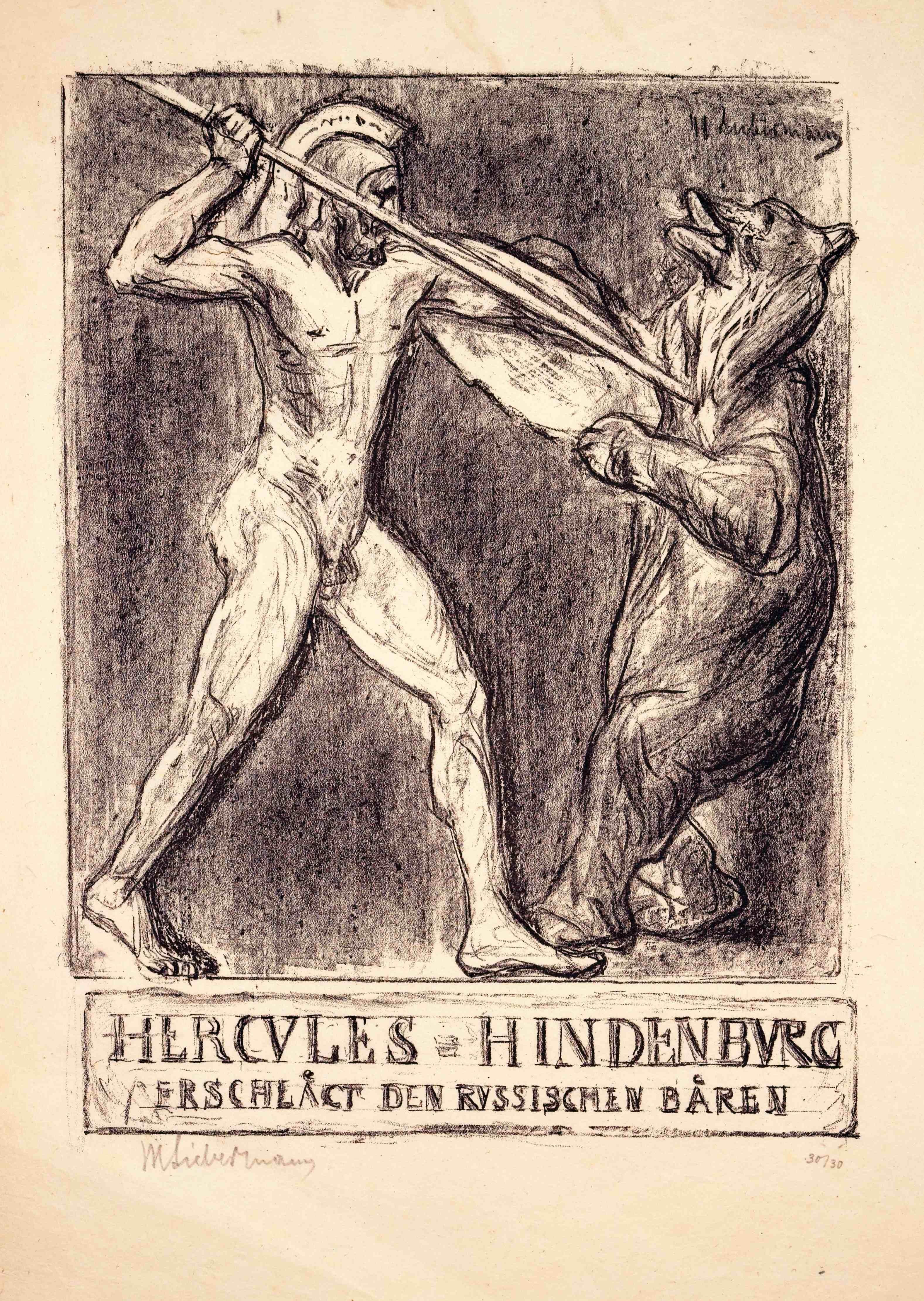 Figurative Print di Max Liebermann - Hercules - Hindenburg uccide l'orso russo / - Impressionismo classico -