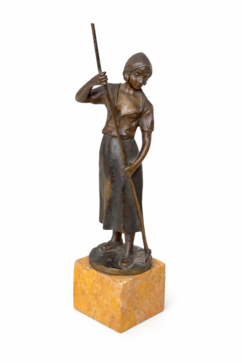 Young Woman Holding A Rake 19th Century Small Bronze