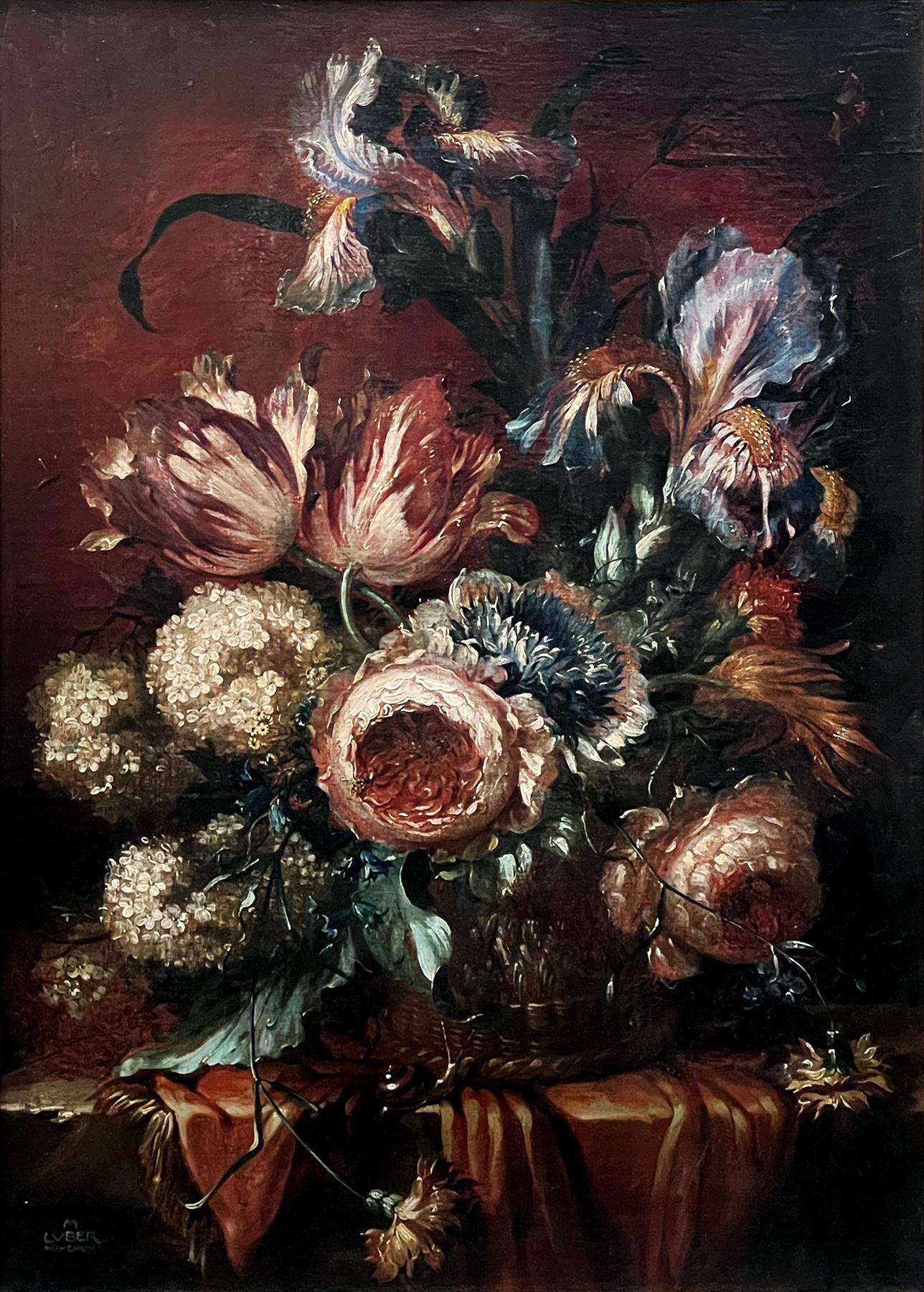 the lushly painted still life depicting a woven basket full of finely painted bearded irises, parrot tulips, hydrangeas and peonies with discreetly painted bees and a snail; all resting on a draped table; good antique condition; signed lower left: