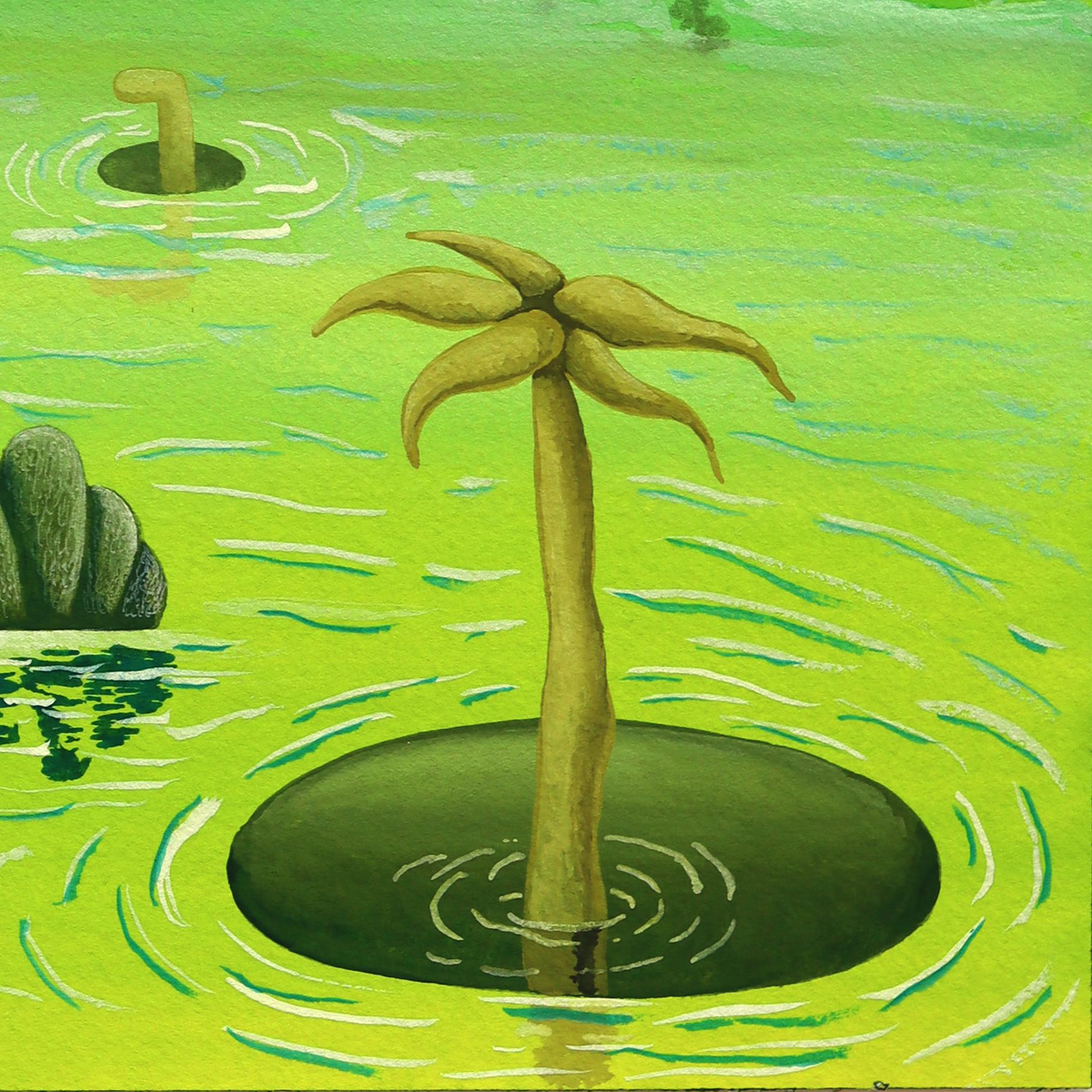 Untitled (PPR491) - Original Green Tone Surrealist Abstract Mixed Media Artwork For Sale 3