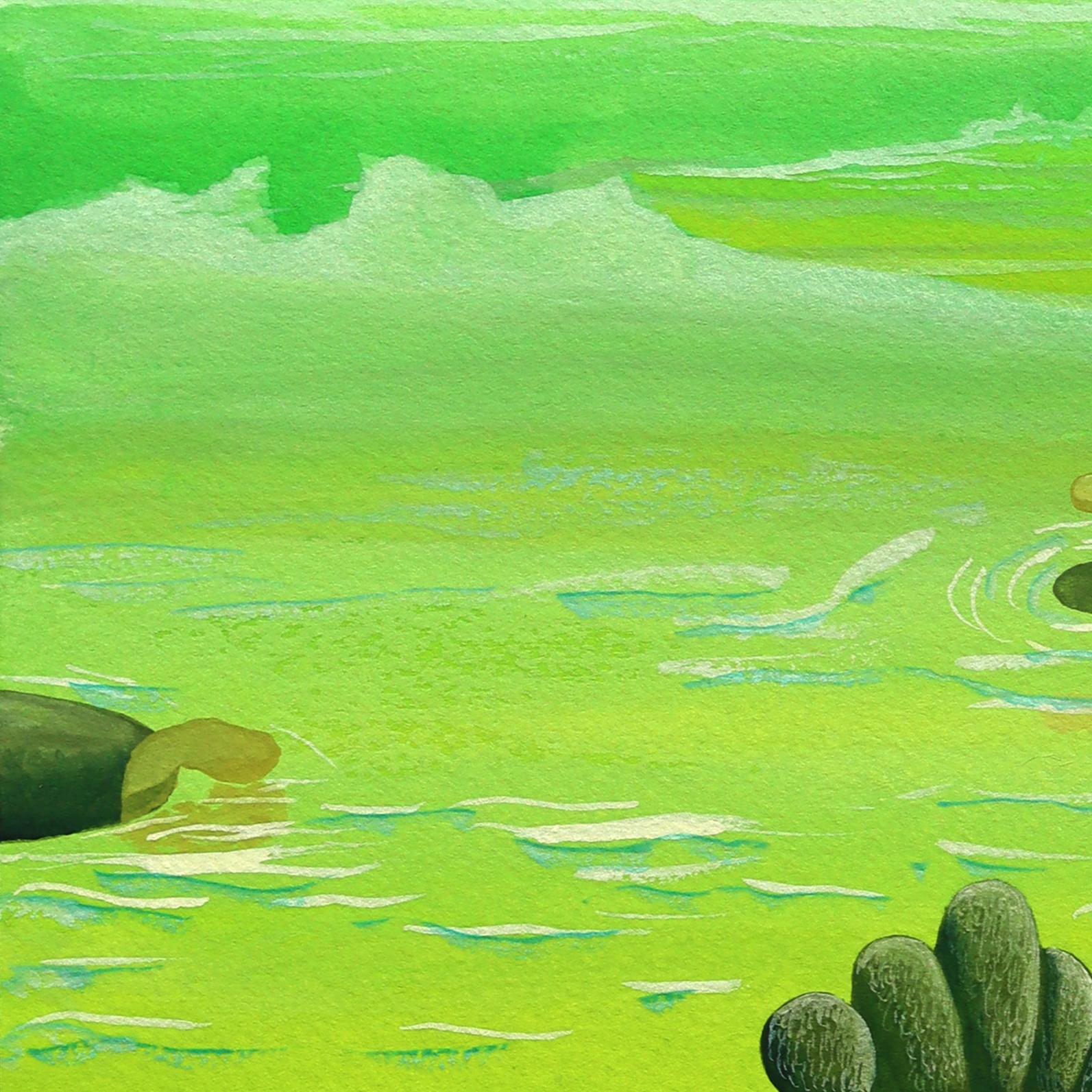 Untitled (PPR491) - Original Green Tone Surrealist Abstract Mixed Media Artwork For Sale 5