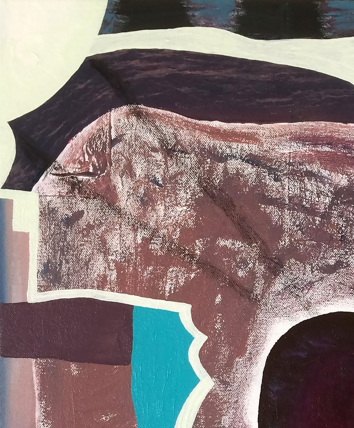 Quadro astratto geometrico contemporaneo e colorato dell'artista texano Max Manning. L'opera presenta forme organiche e geometriche nei toni del blu e del viola. Firmato, intitolato e datato dall'artista sul retro. Attualmente non è incorniciato, ma