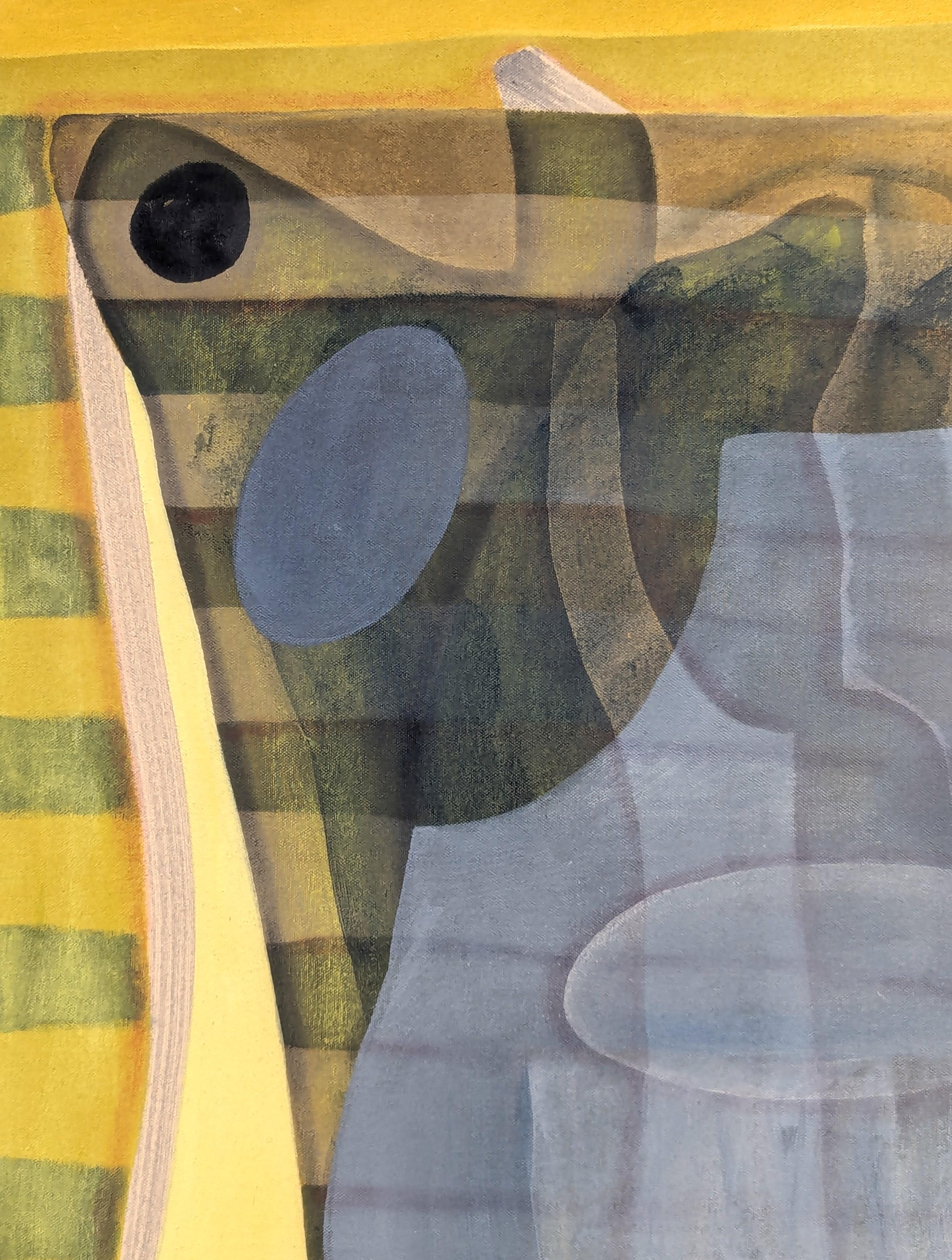 Peinture abstraite contemporaine géométrique et colorée de l'artiste texan Max Manning. L'œuvre présente des formes organiques et géométriques dans des tons bleus, verts et jaunes. Signé, titré et daté par l'artiste au verso. Actuellement non