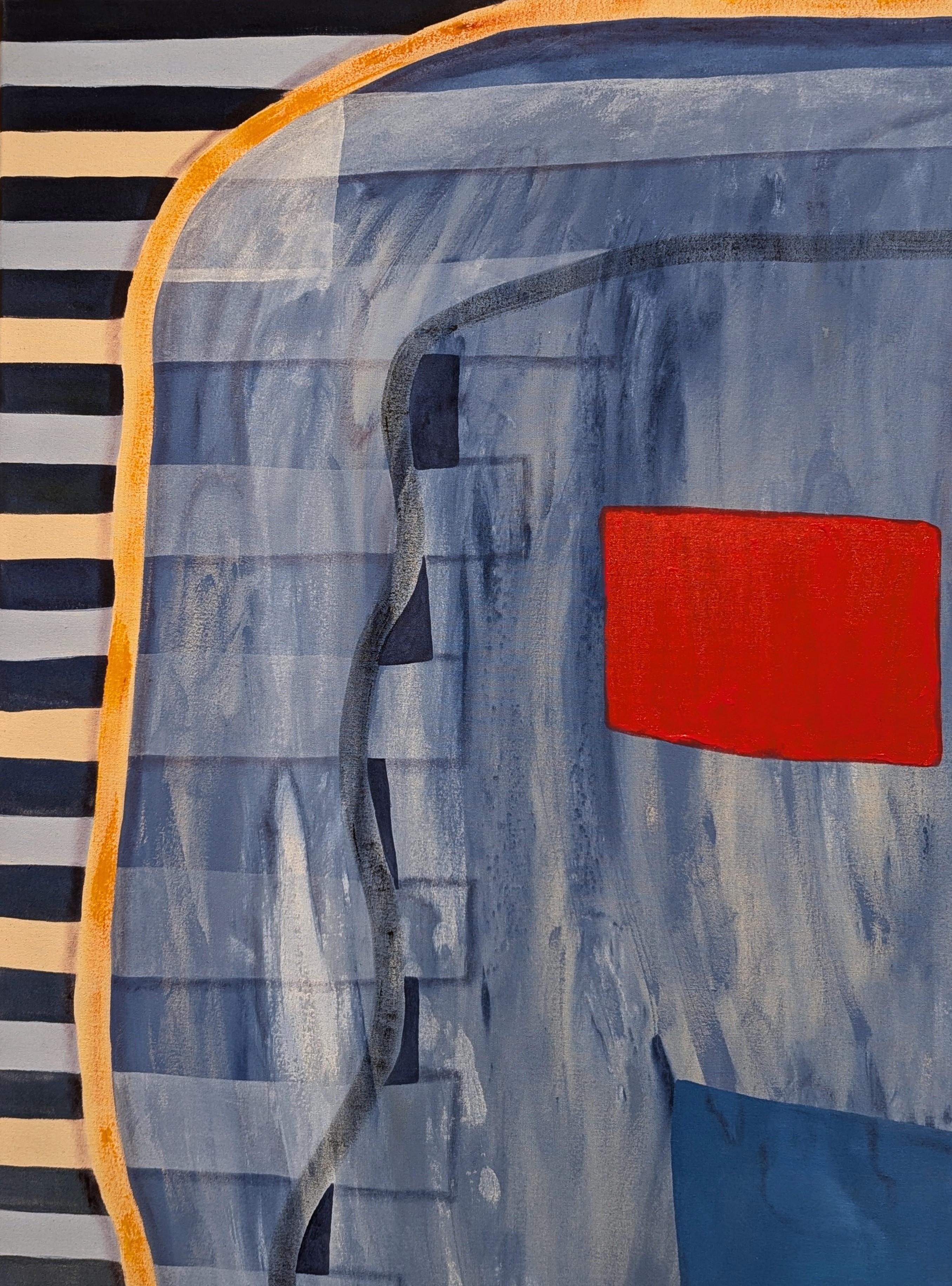 Quadro contemporaneo astratto geometrico colorato dell'artista texano Max Manning. L'opera presenta forme organiche e geometriche nei toni del blu, dell'arancio, del rosso e del rosa. Firmato, intitolato e datato dall'artista sul retro. Attualmente