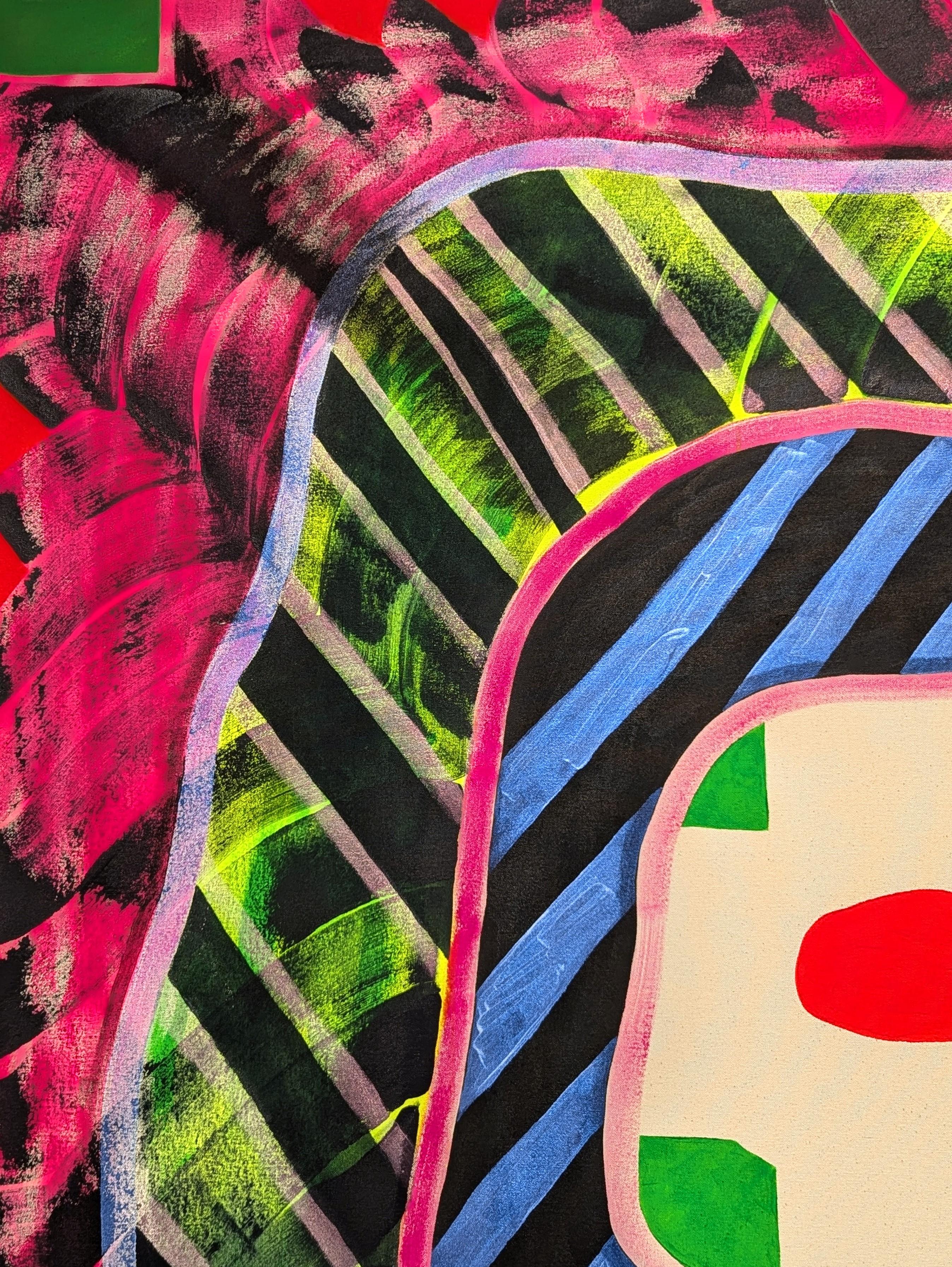 Quadro contemporaneo astratto geometrico colorato dell'artista texano Max Manning. L'opera presenta forme organiche e geometriche nei toni del rosa neon, del blu, del verde e del giallo. Firmato, intitolato e datato dall'artista sul retro.
