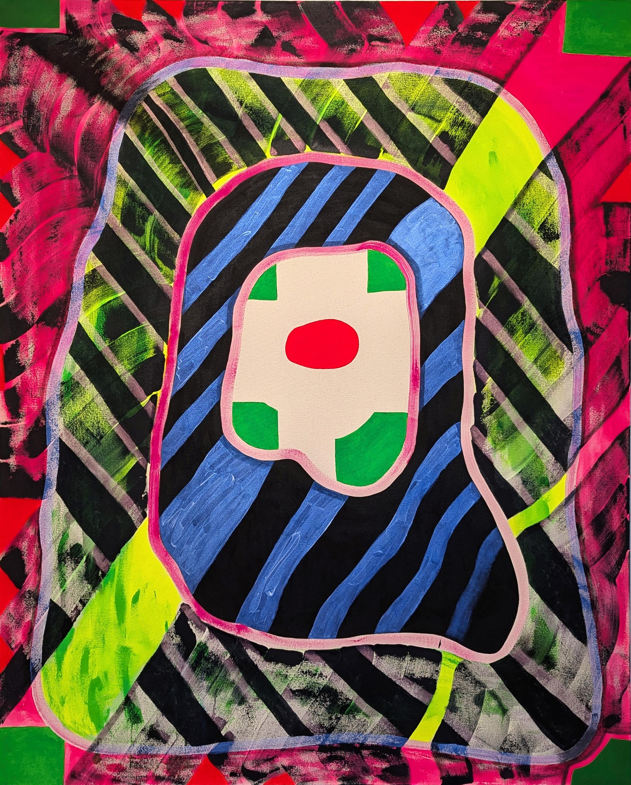 "Senza titolo (CVS133)" Grande quadro astratto colorato e geometrico al neon contemporaneo - Mixed Media Art di Max Manning