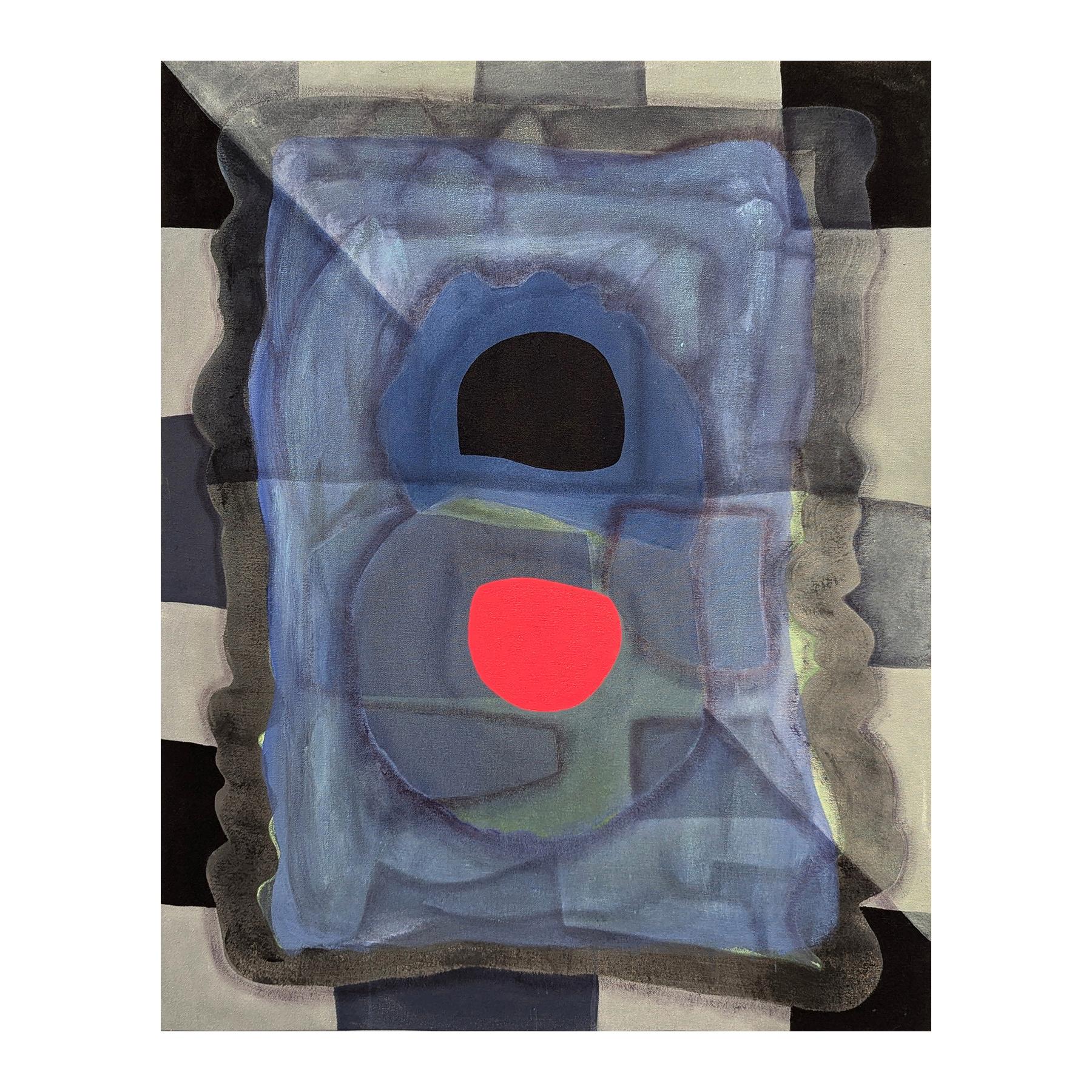 Contemporary geometric colorful abstract painting by Texas-based artist Max Manning. The work features organic and geometric shapes in blue and pink tones. Signed, titled, & dated by the artist on the reverse. Currently unframed, but options are
