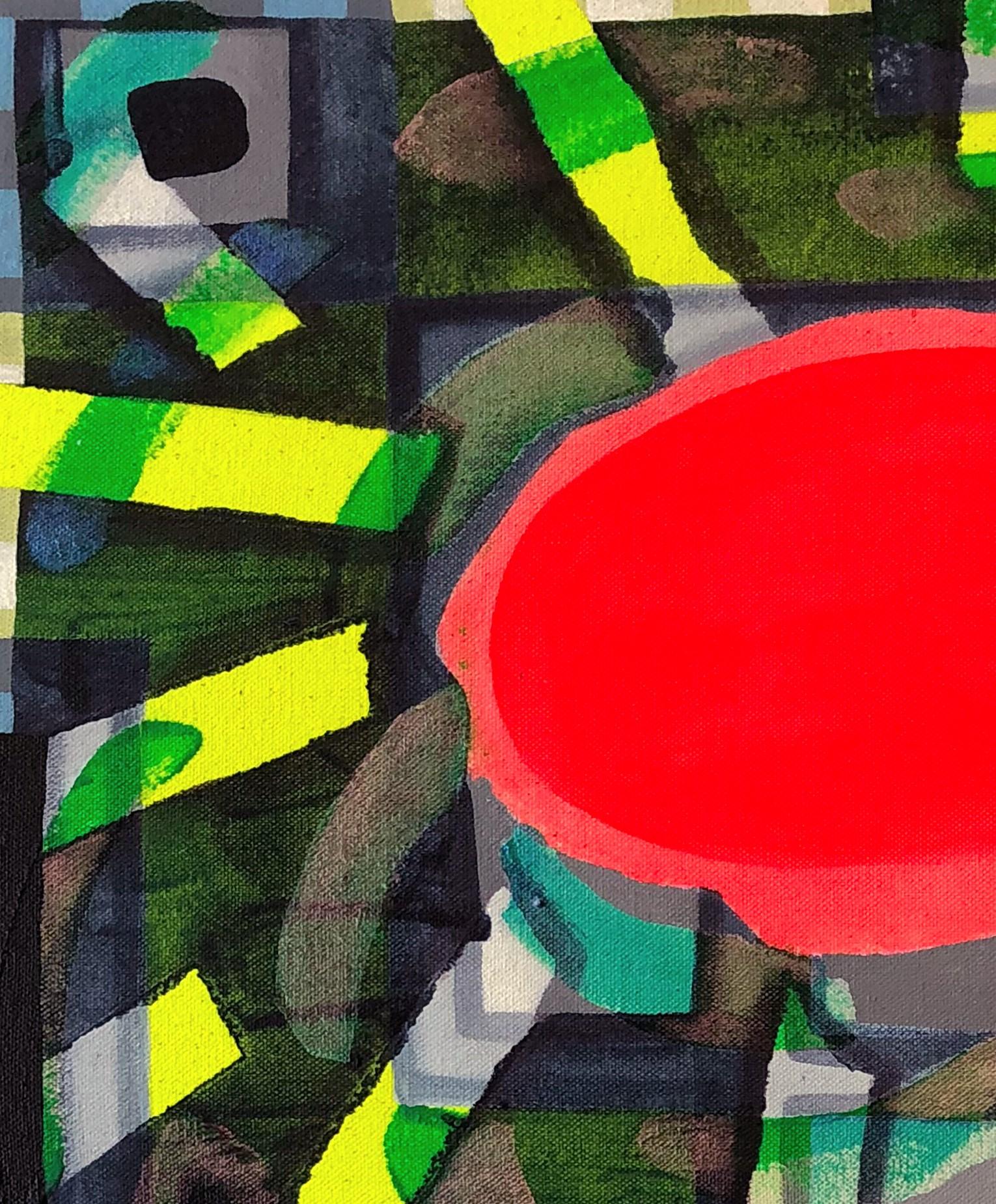 Quadro astratto geometrico contemporaneo e colorato dell'artista texano Max Manning. L'opera presenta forme organiche e geometriche nei toni del rosa, del verde e del verde acqua. Firmato, intitolato e datato dall'artista sul retro. Attualmente non