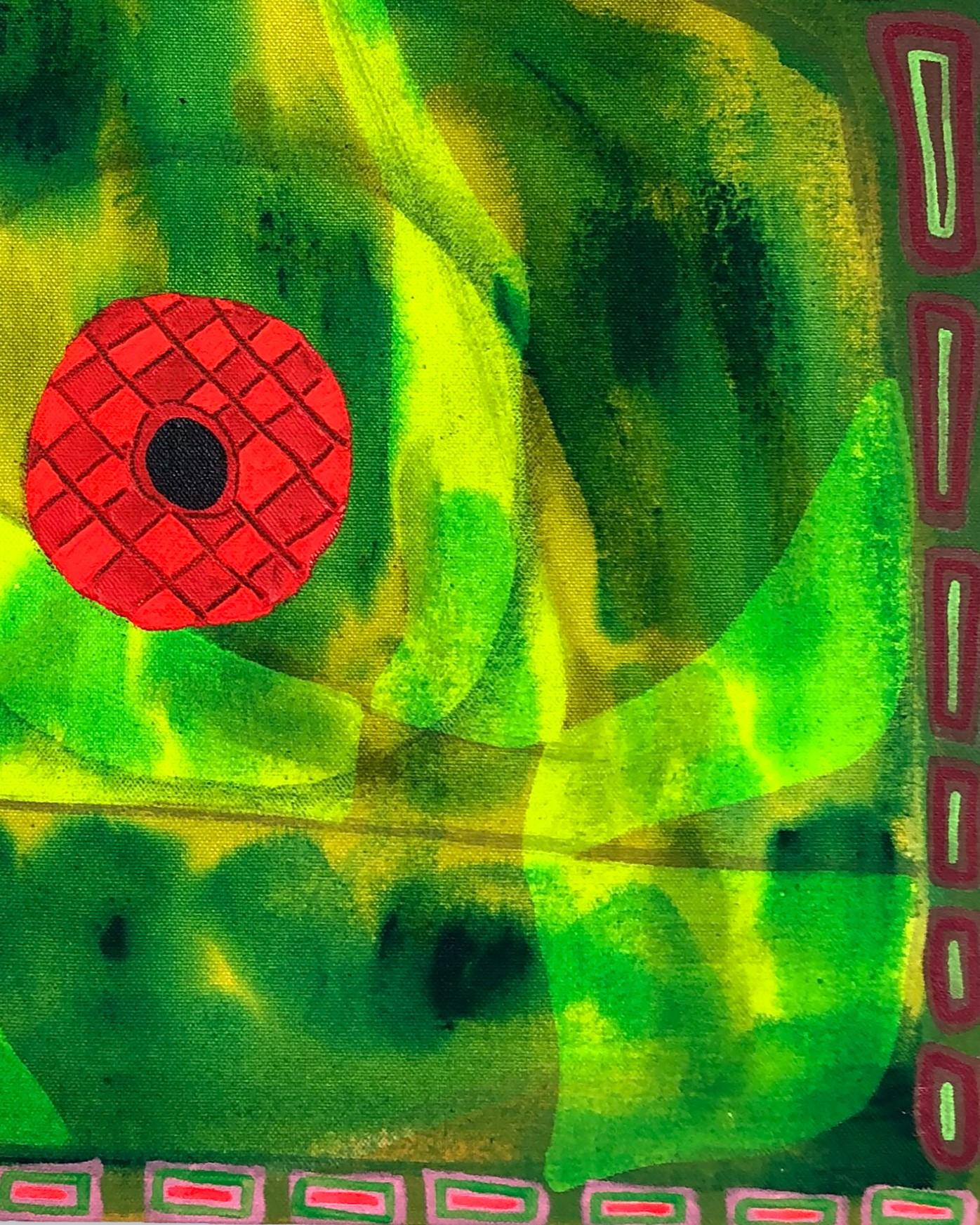 Quadro astratto geometrico contemporaneo e colorato dell'artista texano Max Manning. L'opera presenta forme organiche e geometriche nei toni del rosa e del verde. Firmato, intitolato e datato dall'artista sul retro. Attualmente non è incorniciato,