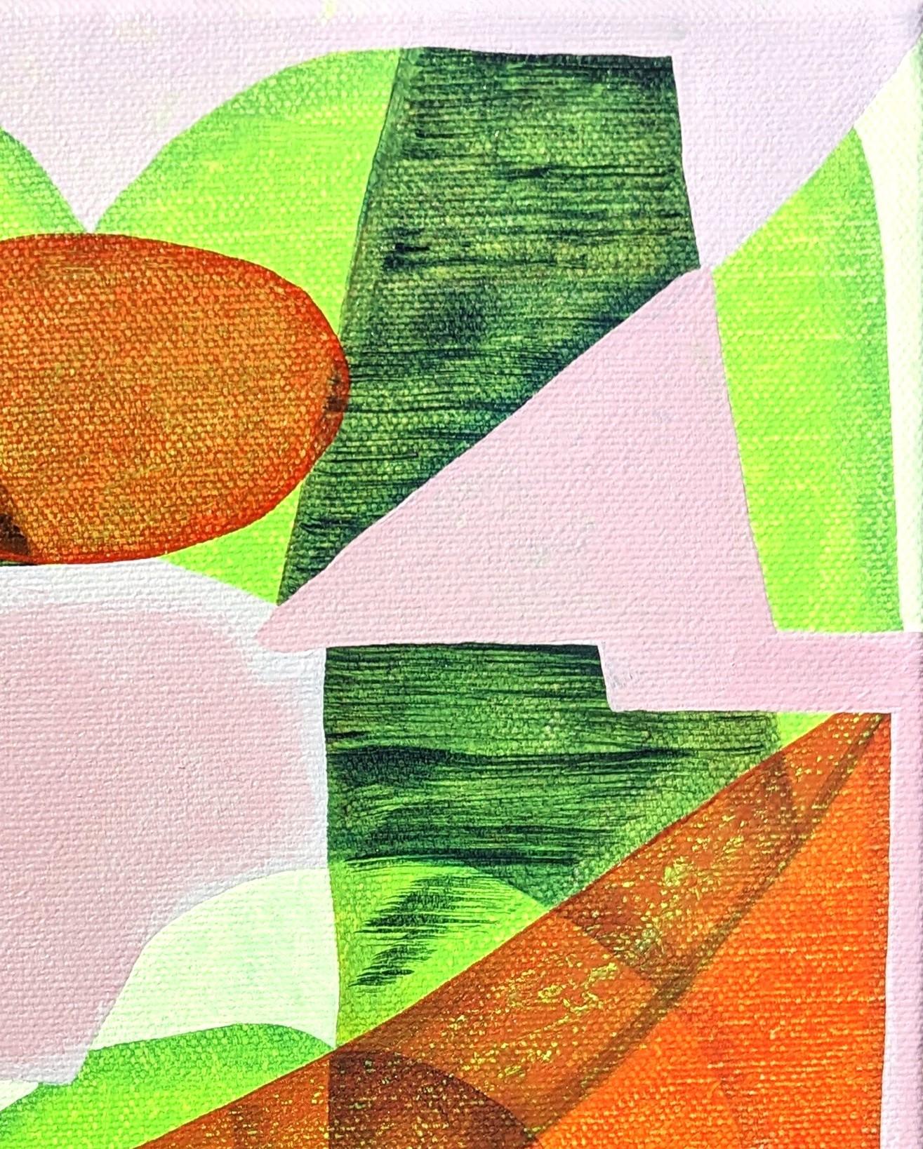 Contemporary abstract geometric colorful painting by Texas-based artist Max Manning. The work features organic and geometric shapes in neon green, orange, and purple tones. Signed by the artist on the reverse. Currently unframed, but options are