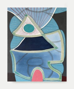 "Sin título (CVS271)" Pintura abstracta geométrica contemporánea azul, verde azulado y rosa