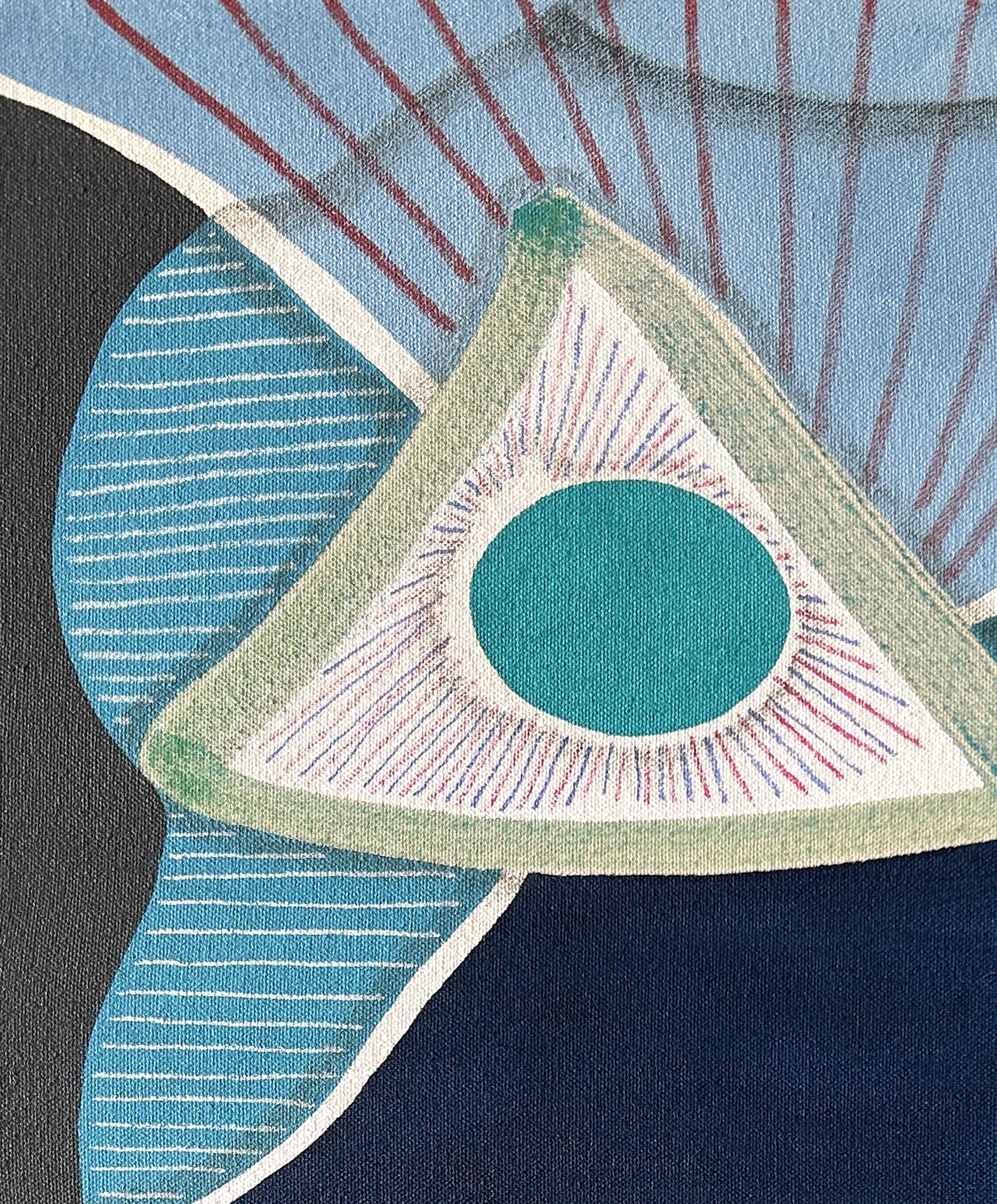 Quadro astratto geometrico contemporaneo e colorato dell'artista texano Max Manning. L'opera presenta forme organiche e geometriche nei toni del blu, del verde acqua e del rosa. Firmato, intitolato e datato dall'artista sul retro. Attualmente non è