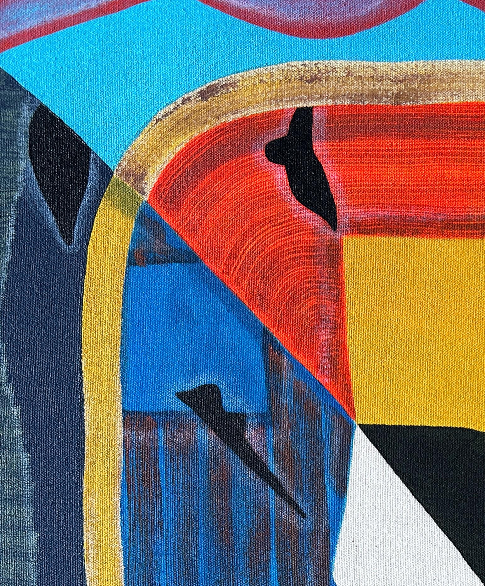 Quadro astratto geometrico contemporaneo e colorato dell'artista texano Max Manning. L'opera presenta forme organiche e geometriche nei toni del rosso, del blu e del giallo. Firmato, intitolato e datato dall'artista sul retro. Attualmente non è