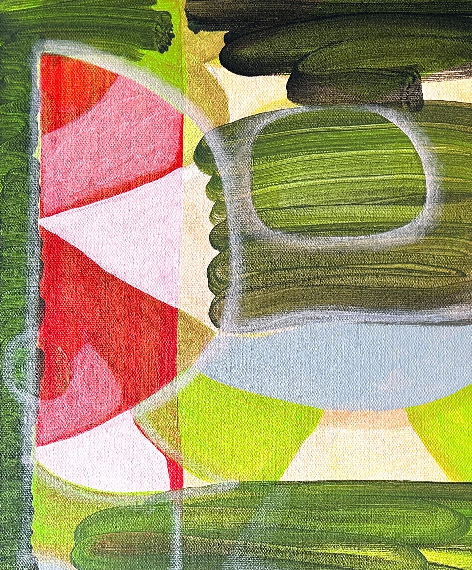 Quadro astratto geometrico contemporaneo e colorato dell'artista texano Max Manning. L'opera presenta forme organiche e geometriche nei toni del rosso, del blu e del verde. Firmato, intitolato e datato dall'artista sul retro. Attualmente non è