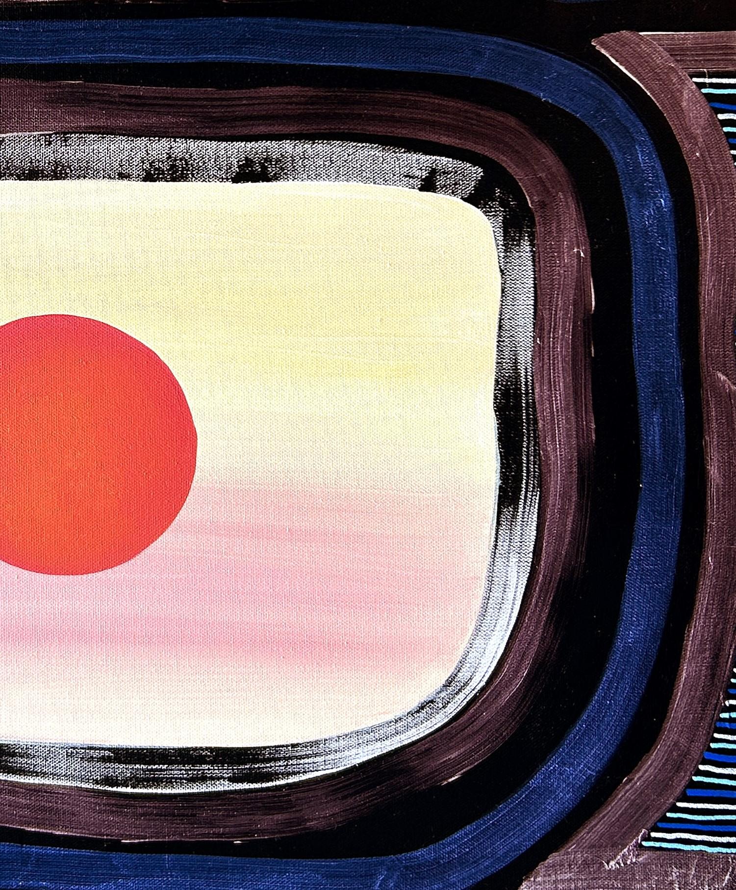 Quadro astratto geometrico contemporaneo e colorato dell'artista texano Max Manning. L'opera presenta forme organiche e geometriche nei toni del blu, del rosso e del viola. Firmato, intitolato e datato dall'artista sul retro. Attualmente non è