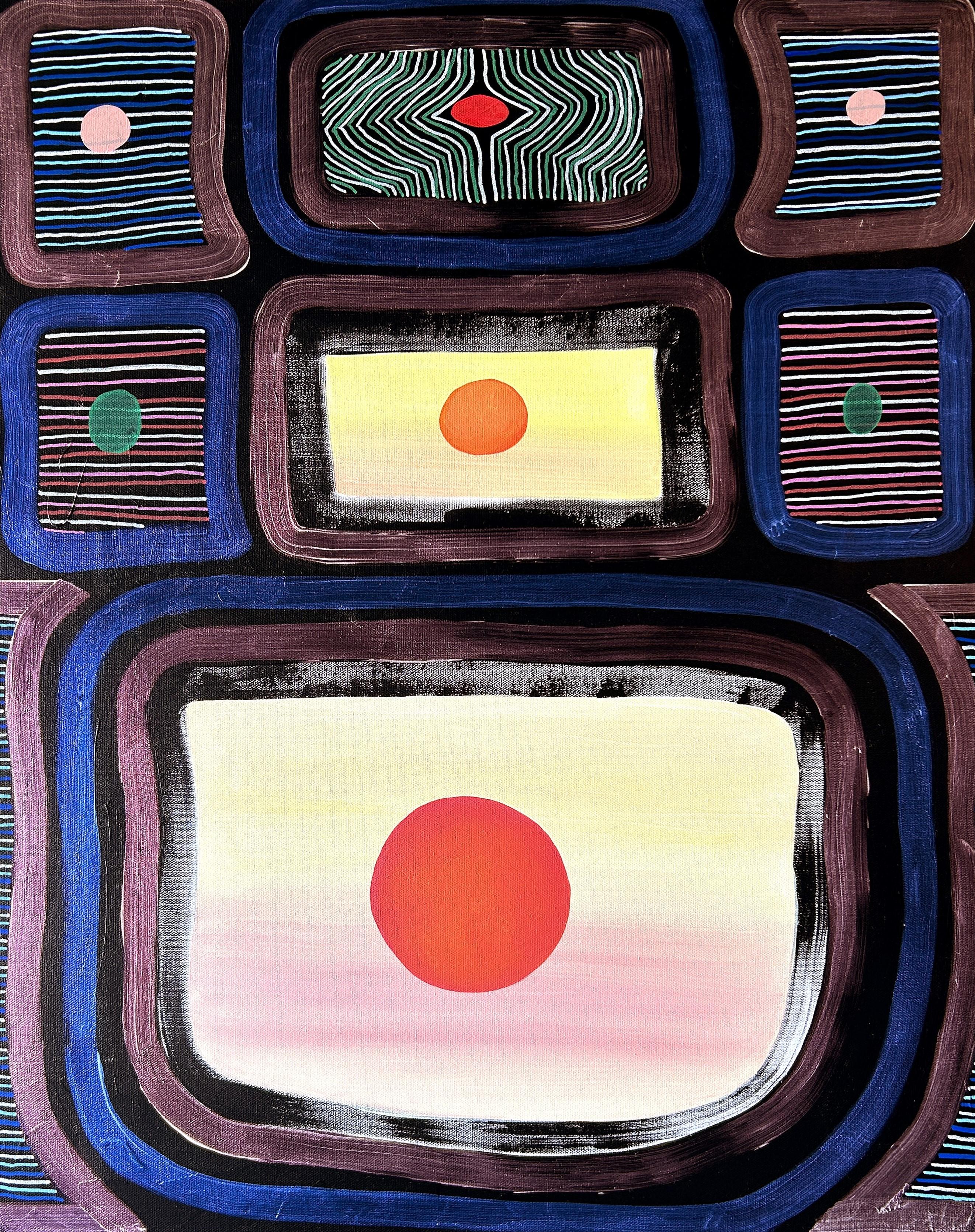 Abstract Painting di Max Manning - "Senza titolo (CVS275)" Pittura astratta geometrica contemporanea blu, viola e rossa