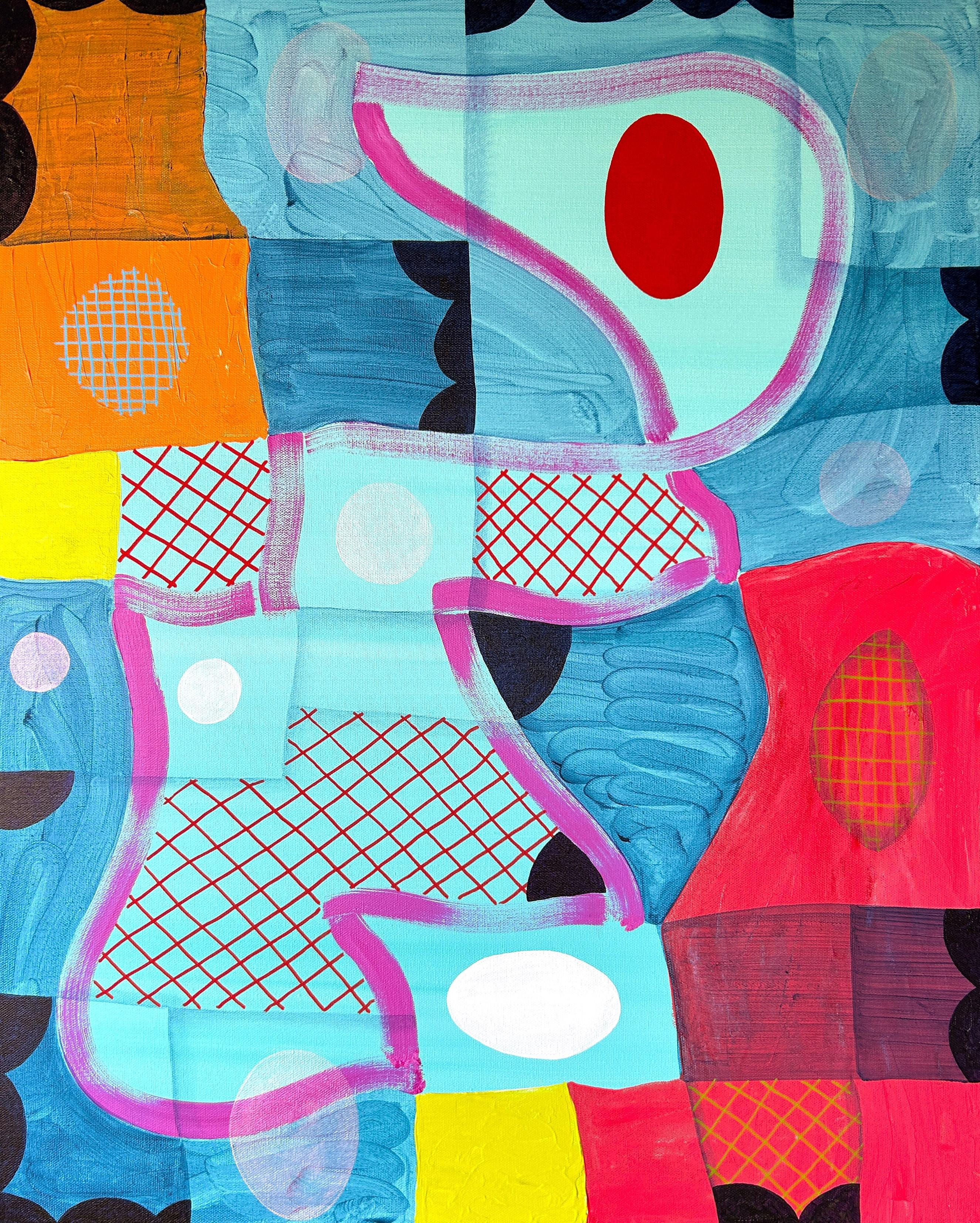 "Senza titolo (CVS276)" Pittura astratta geometrica contemporanea blu, rosa e gialla - Mixed Media Art di Max Manning
