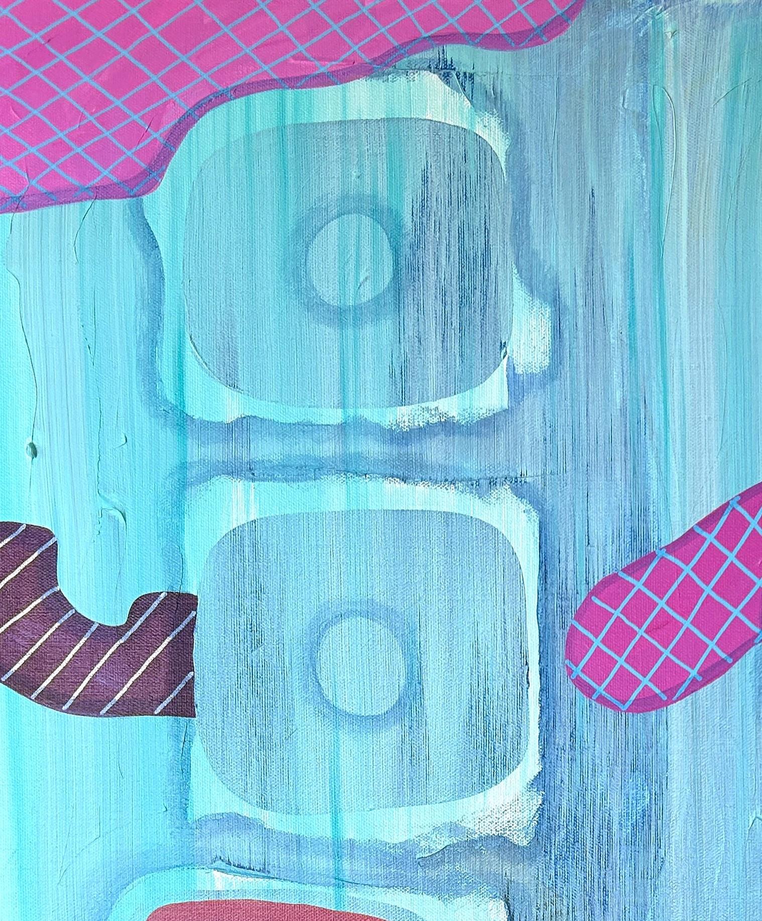 Quadro astratto geometrico contemporaneo e colorato dell'artista texano Max Manning. L'opera presenta forme organiche e geometriche nei toni del blu, del viola, del rosso e dell'arancione. Firmato, intitolato e datato dall'artista sul retro.
