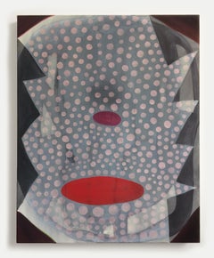 "Senza titolo (CVS70)" Pittura astratta geometrica contemporanea blu, rosa e rossa