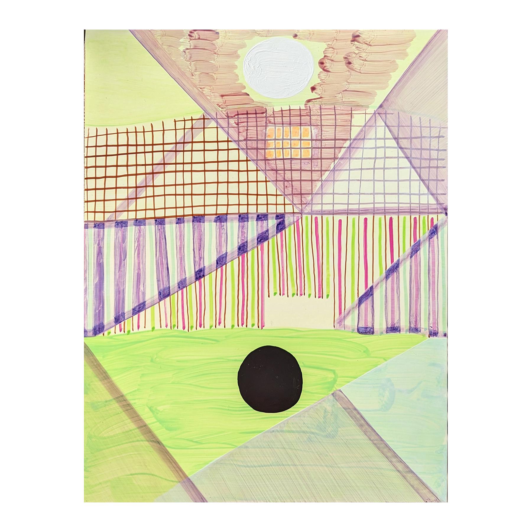 Contemporary abstract geometric colorful painting by Texas-based artist Max Manning. The work features organic and geometric shapes in pastel greens, pinks, and purples. Signed by the artist on the reverse. Currently unframed, but options are